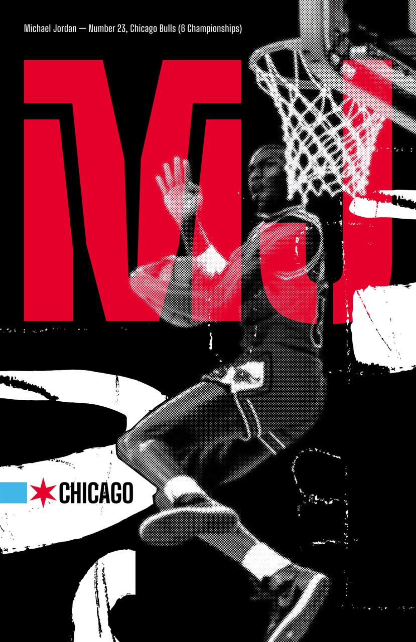 Black and white graphic of a basketball player in mid-air, performing a dunk, with large red letters "MJ" overlaying the image. The word "Chicago" appears with a small star logo in the lower left.