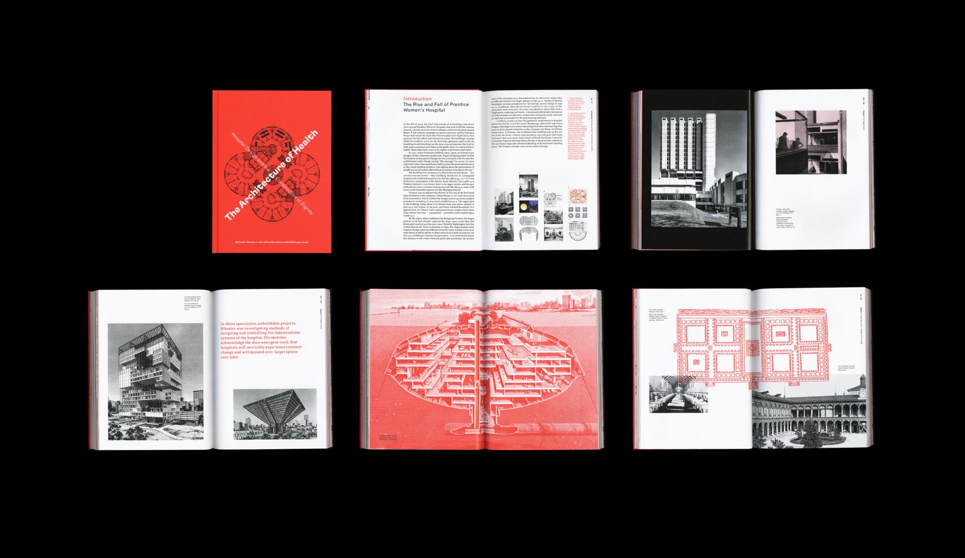 Book cover and six open spreads from "The Architecture of Health," featuring diagrams, photographs, and text in red and black, displayed against a black background.