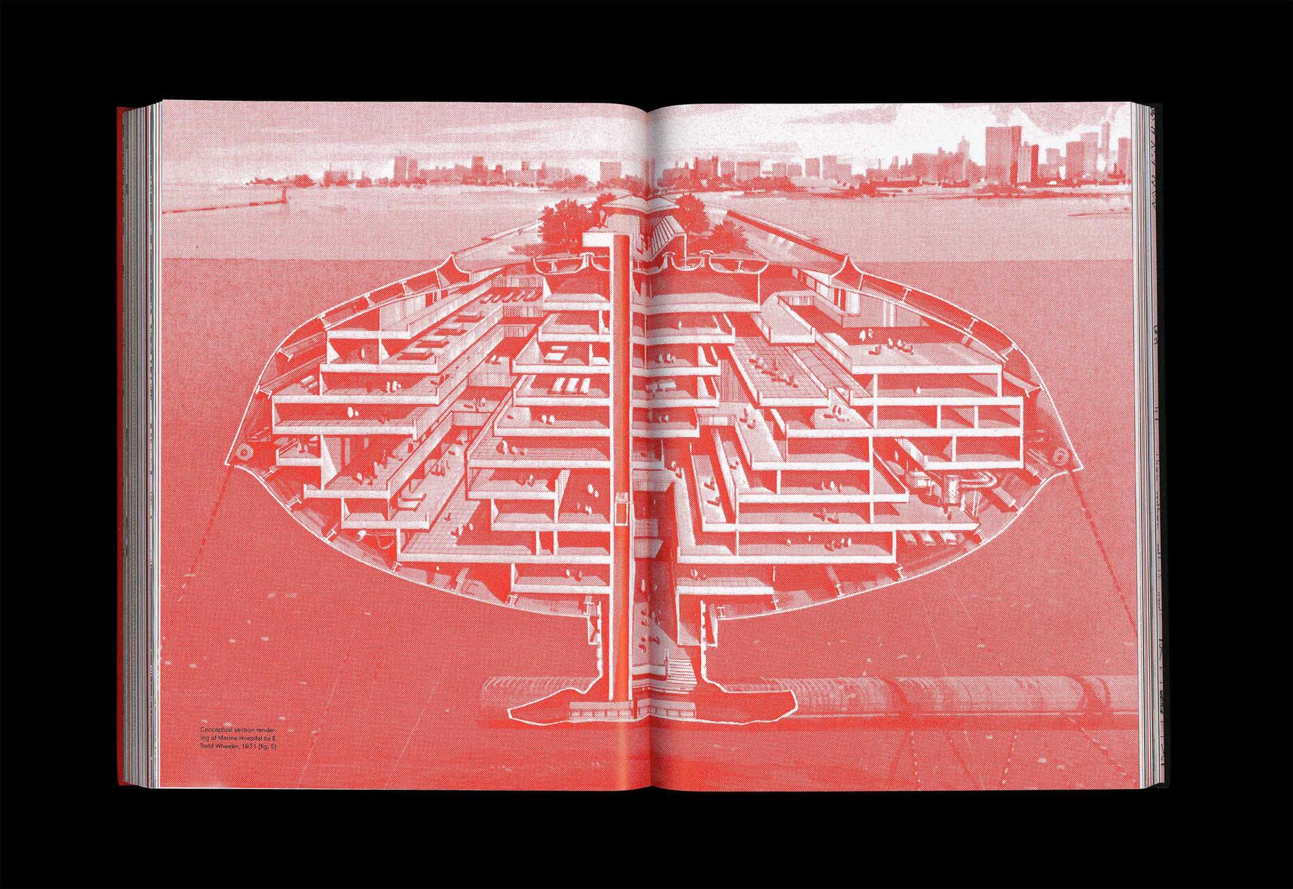 Red-tinted architectural graphic of a futuristic underground structure with multiple levels and compartments. A city skyline is visible in the background, suggesting an urban setting.