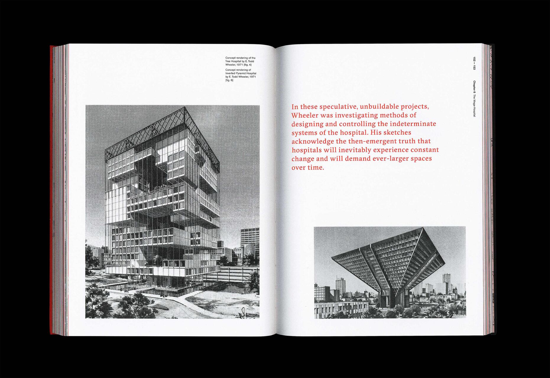 Open book displaying architectural sketches of conceptual hospital designs. Left page shows a tall, cubic, glass building with staggered sections. Right page has text and a smaller image of a futuristic, triangular structure. Black and white sketches.