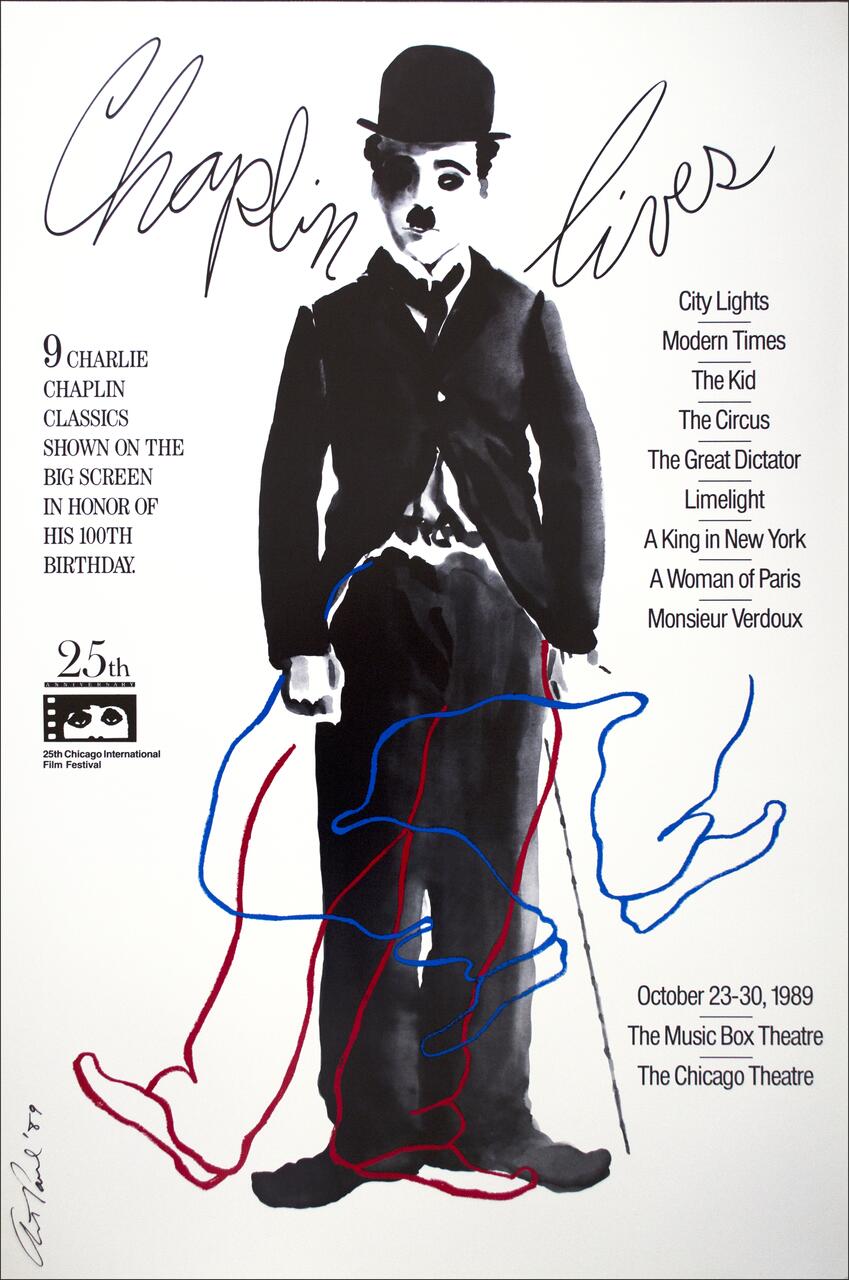 Stylized illustration of Charlie Chaplin in black and white with blue and red line accents. Text highlights a film festival in honor of Chaplin's 100th birthday, listing his classic films. Event details include dates and venue.