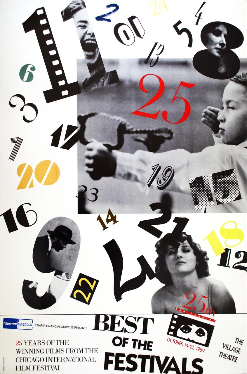 Collage poster for the Chicago International Film Festival's 25th anniversary, featuring film stills and various sized numbers in different colors, with text detailing "Best of the Festivals" and event dates.