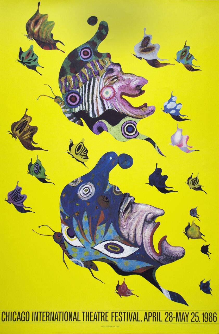 Colorful abstract poster featuring theatrical masks blending into butterfly shapes against a bright yellow background. Text at the bottom reads "Chicago International Theatre Festival, April 28-May 25, 1986."