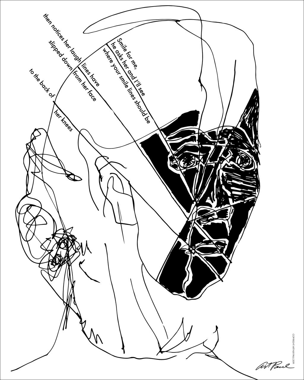 Abstract line drawing of a face with geometric shapes. The left side has scribbled lines and the right has dark, fragmented patterns. Text lines intersect the face diagonally. Black and white artwork.