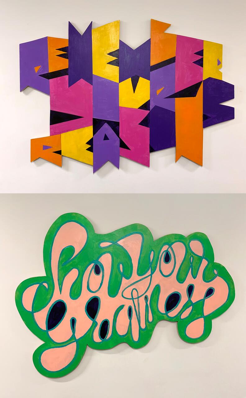 Two colorful wall artworks. The top art features geometric shapes in purple, pink, yellow, and orange with bold letters. The bottom art showcases curved, swirling green letters on a peach background, creating a playful and dynamic design.