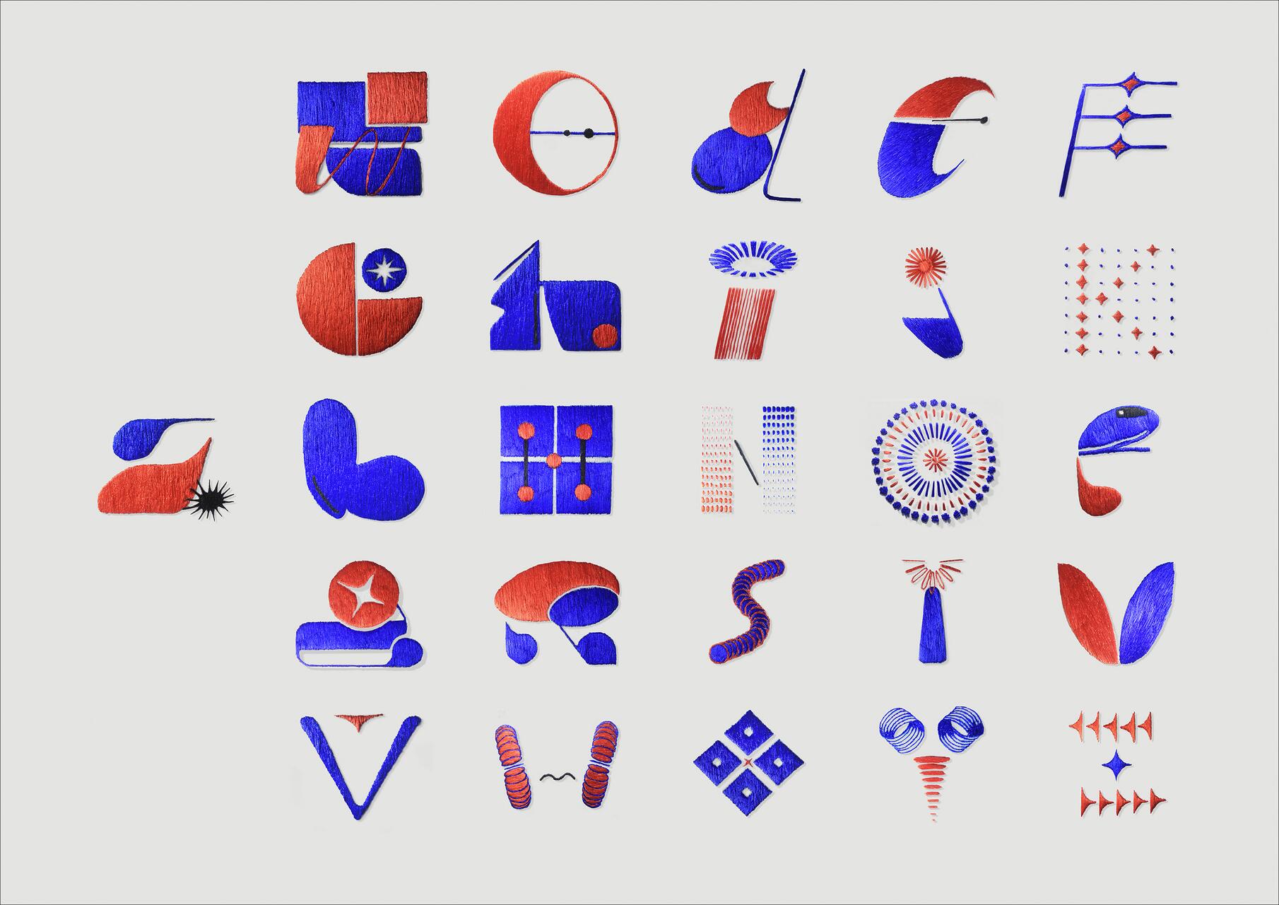 Red and blue abstract shapes resembling letters, arranged in a grid on a white background.