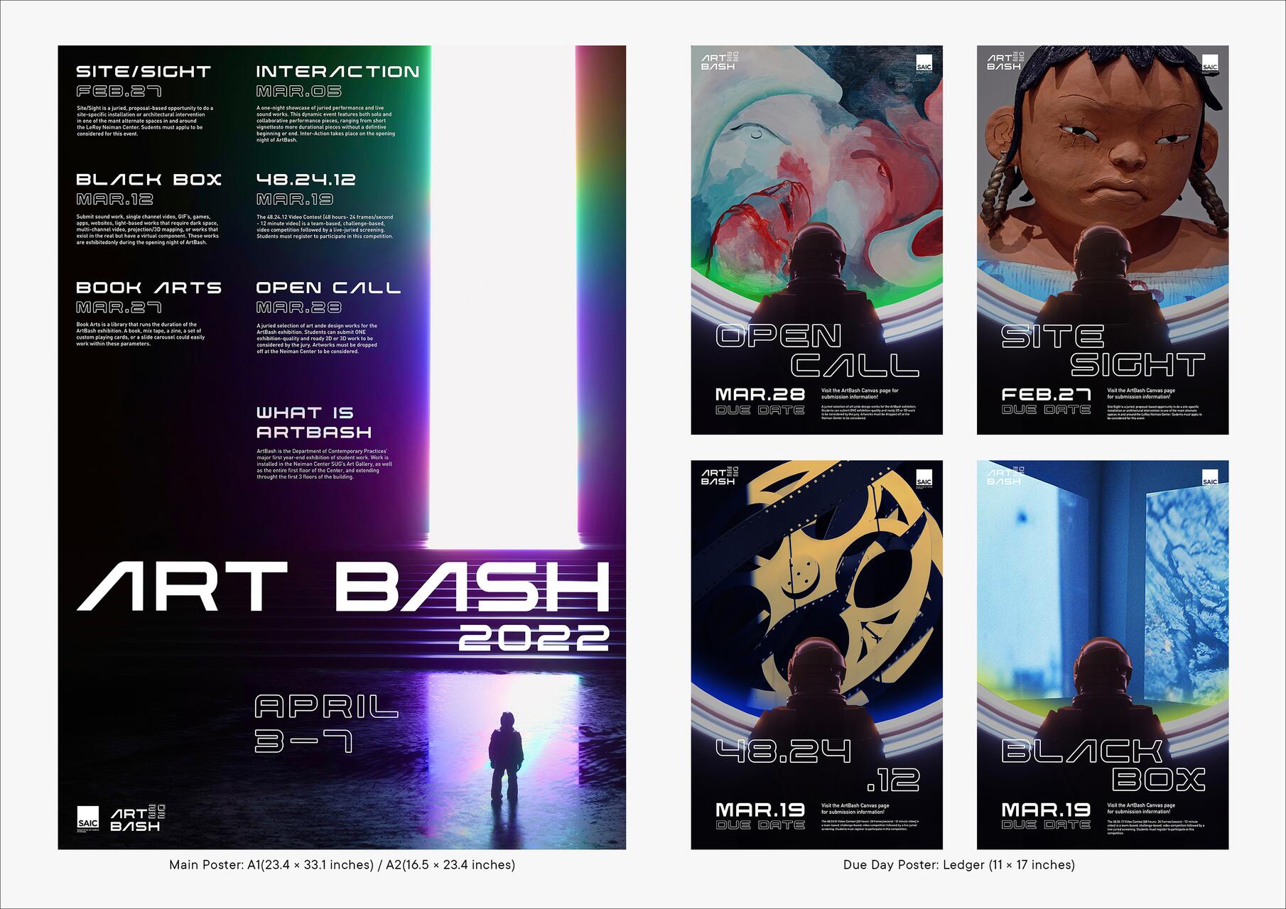 Art Bash 2022 poster with digital art graphics, event dates, and titles including "Site/Sight," "Interaction," "Black Box," "Book Arts," and "Open Call," with a silhouetted figure standing before a bright light. Event dates range from Feb. 27 to Apr. 7.