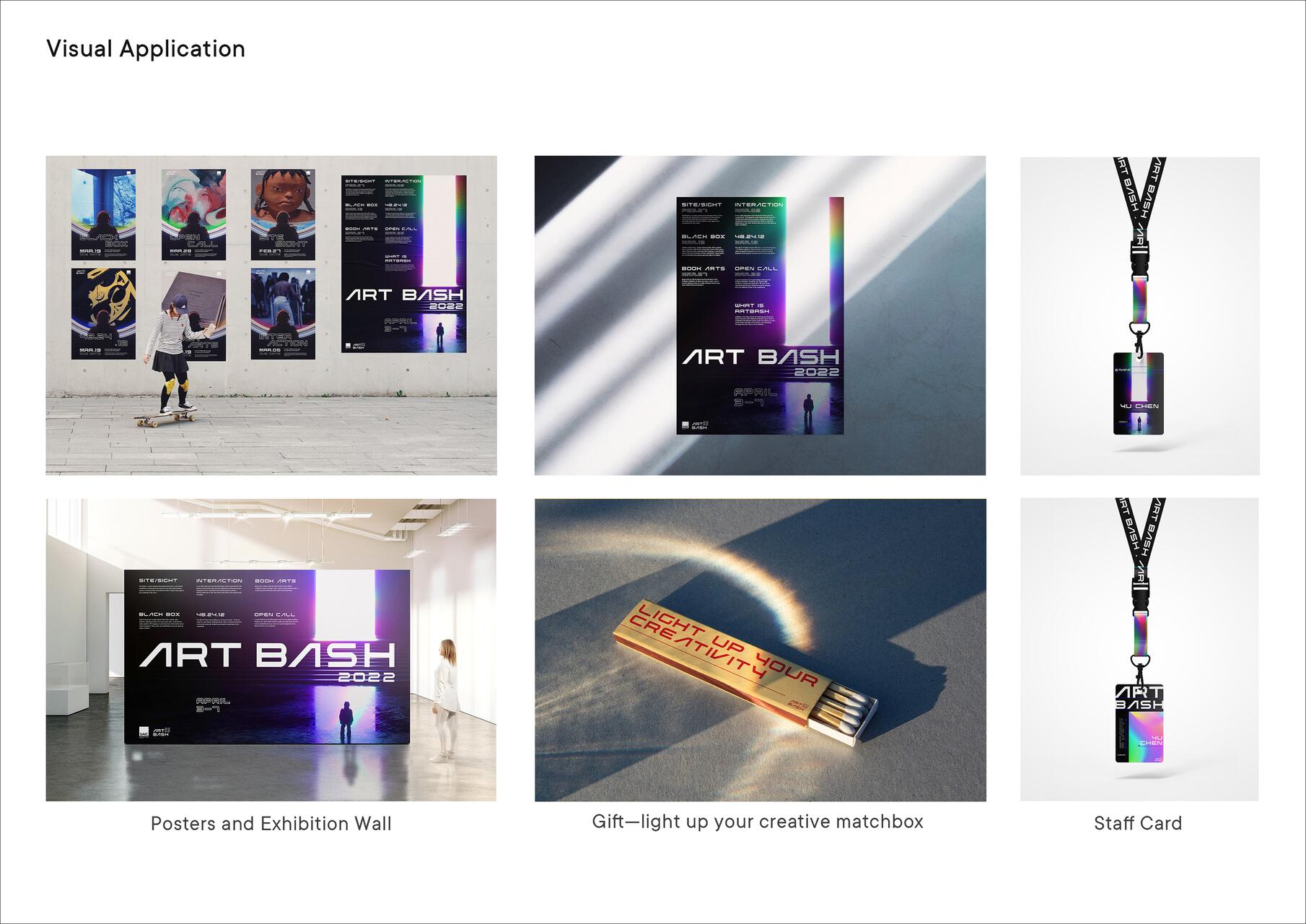 Various images showcase promotional materials for "ART BASH 2022," including large wall posters, an exhibition display, a creative matchbox gift with "Light Up Your Creativity," and lanyard staff cards with vibrant, colorful graphics.