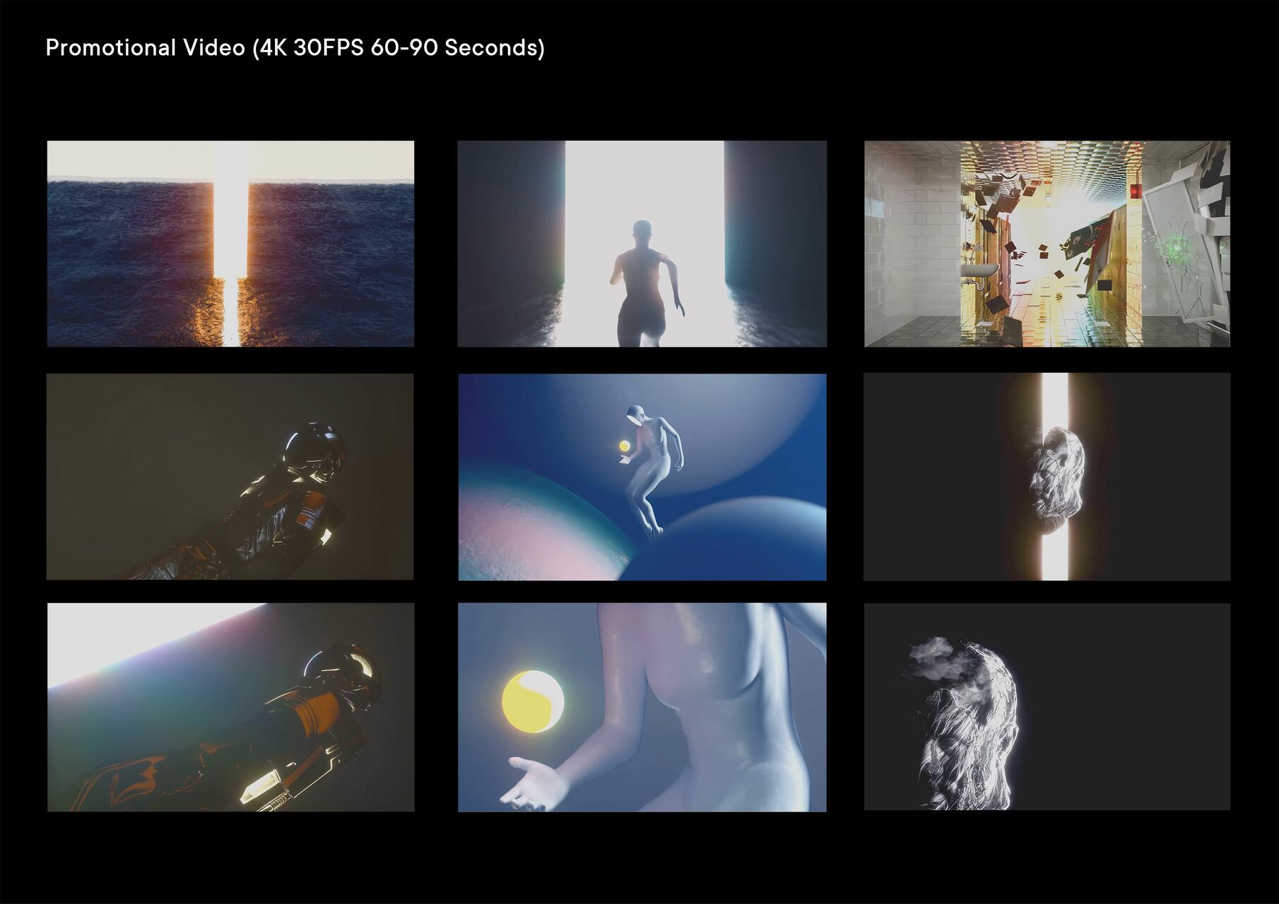 Grid of promotional video stills featuring outer space, cosmic scenes, abstract environments, and silhouettes against bright backdrops.