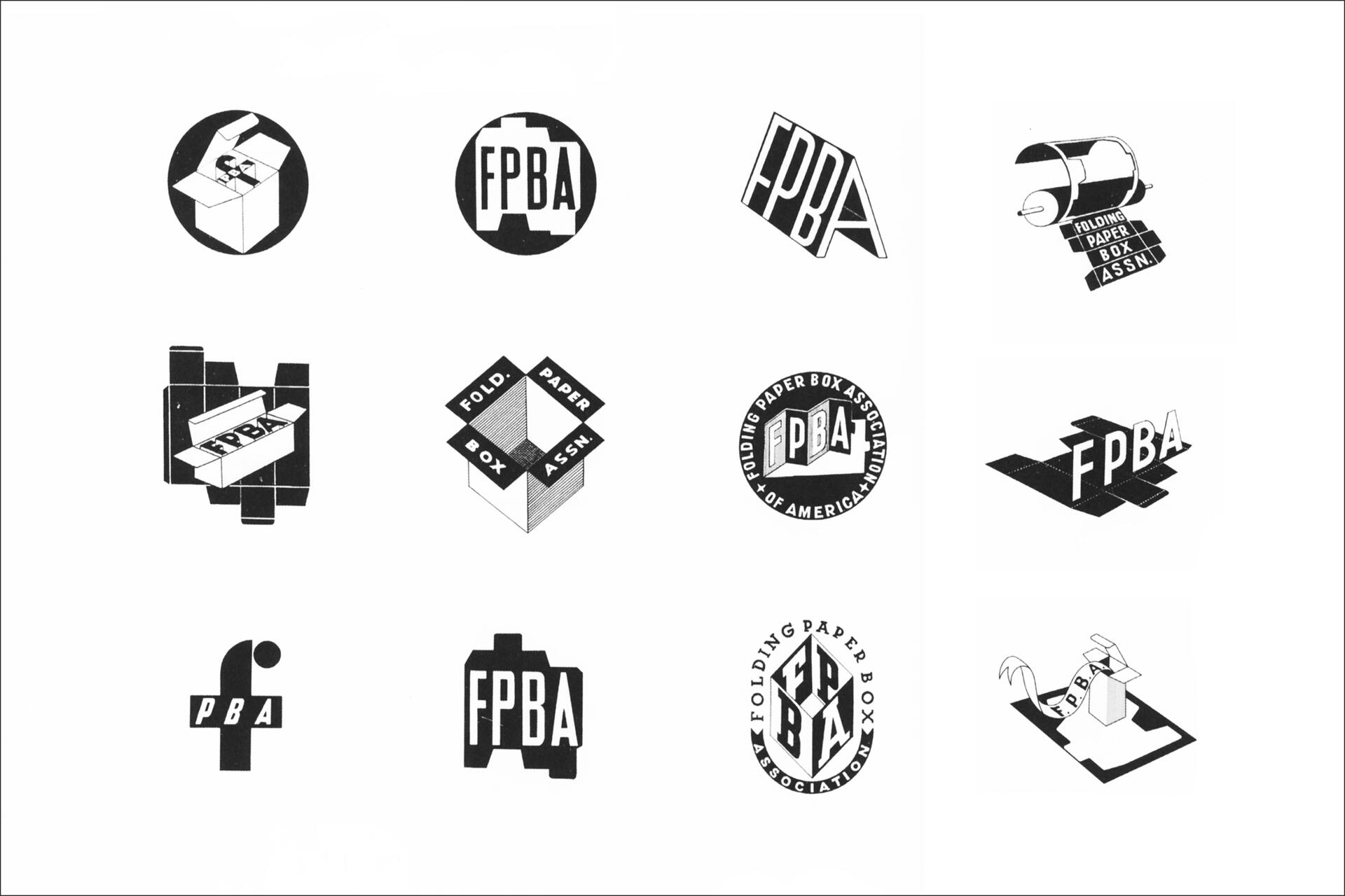 Twelve black and white logos for "Folding Paper Box Association," featuring variations with the letters FPBA integrated into box designs, circular emblems, and geometric shapes.