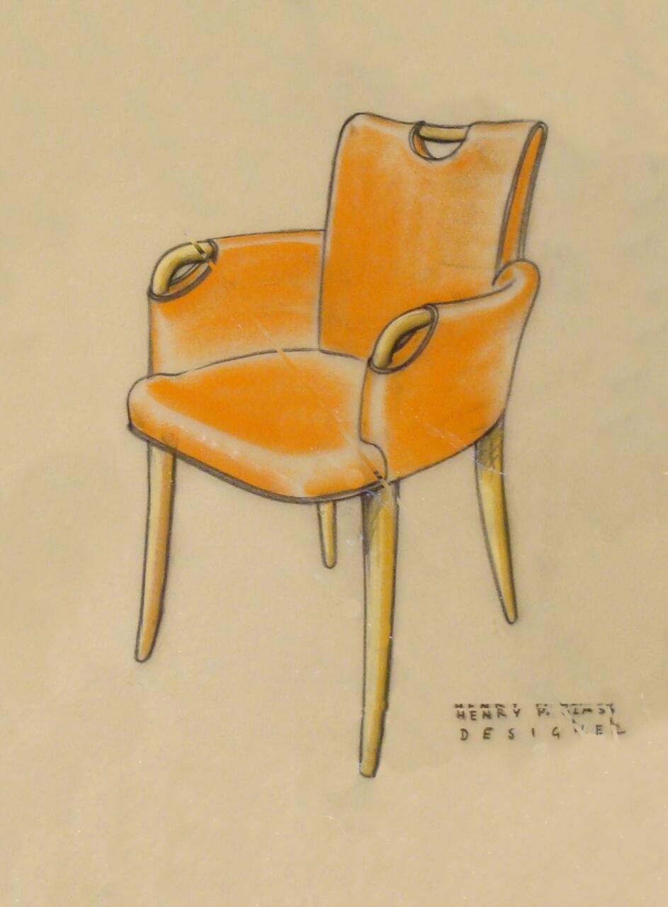 Stylized drawing of an orange chair with a curved backrest and armrests, featuring a clean, minimalist design. The legs are slender and tapered, contrasting with the vibrant upholstery.