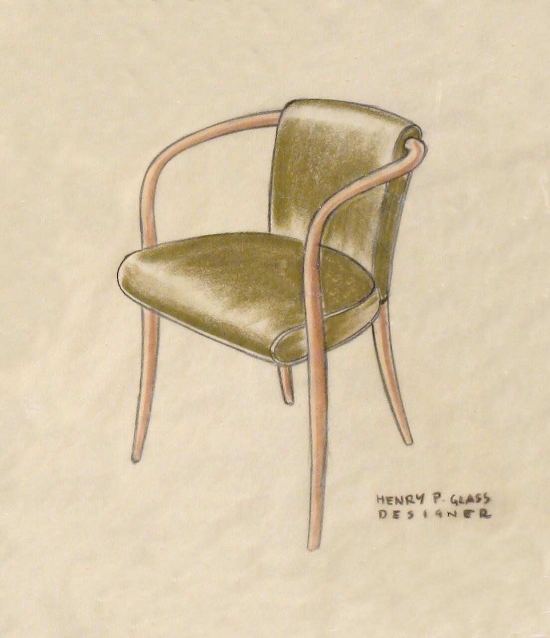 Illustration of a chair with a curved wooden frame and green cushioned seat and backrest on a beige background.