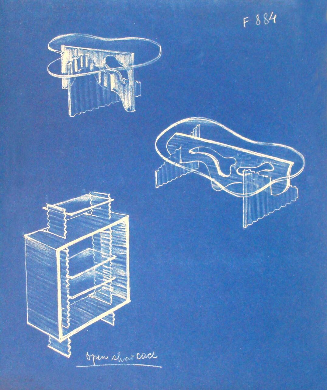 Three white architectural sketches on a blue background depict abstract, wavy designs for furniture, potentially tables and a shelving unit.