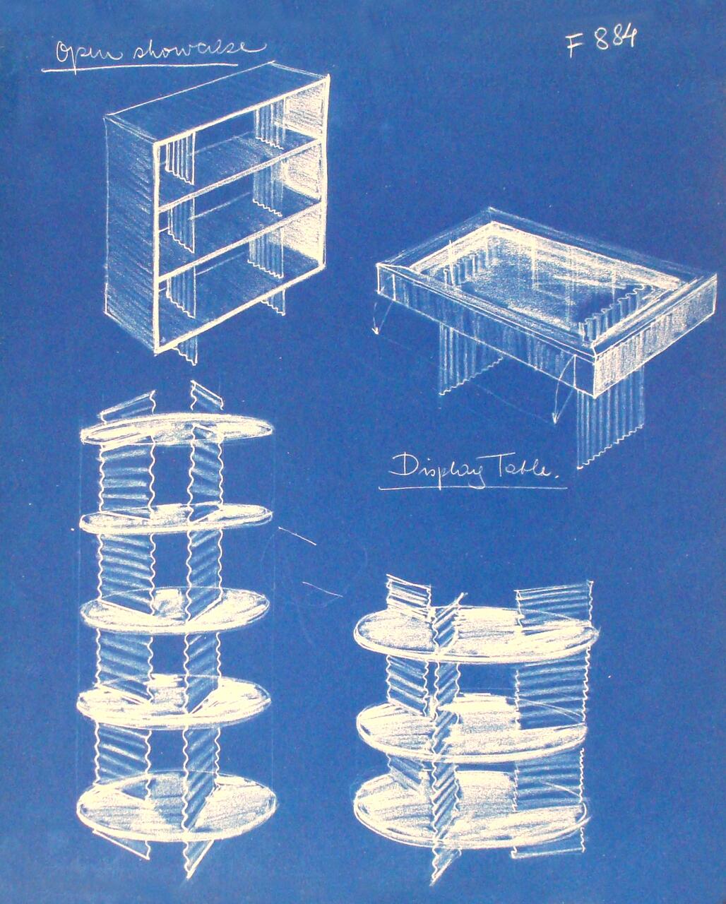 Blueprint-style drawing of furniture designs: an open showcase, a display table with horizontal slats, a tall circular shelving unit with spiral supports, and a smaller circular shelf with similar spirals, all in white on blue.