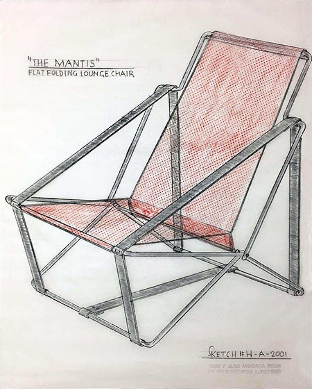 Sketch of a flat folding lounge chair with a minimalist metal frame and red mesh seat and backrest. Labeled "The Mantis" with design details, showing a sleek design with geometric angles.