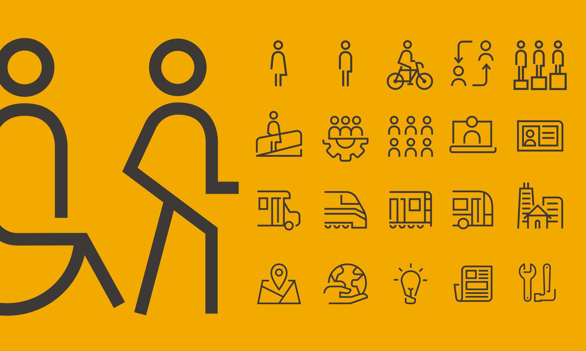 Various black symbols on an orange background, including a person walking, a cyclist, a computer screen, a map, a light bulb, and transportation icons like buses and trains.