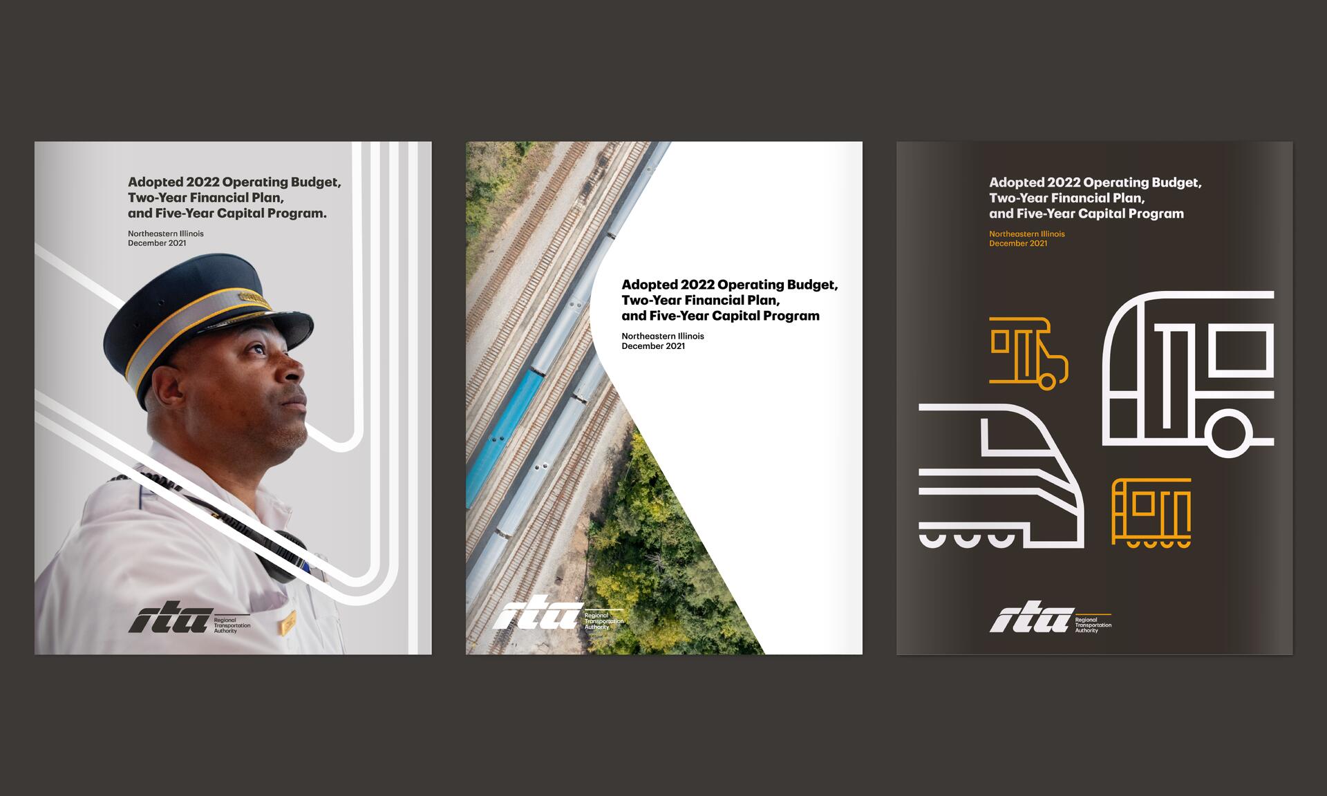 Three brochure covers: first with a male train conductor in uniform, second with an aerial view of train tracks, and third with line art of a bus, train, and truck. Each includes the title "Adopted 2022 Operating Budget, Two-Year Financial Plan, and Five-Year Capital Program."