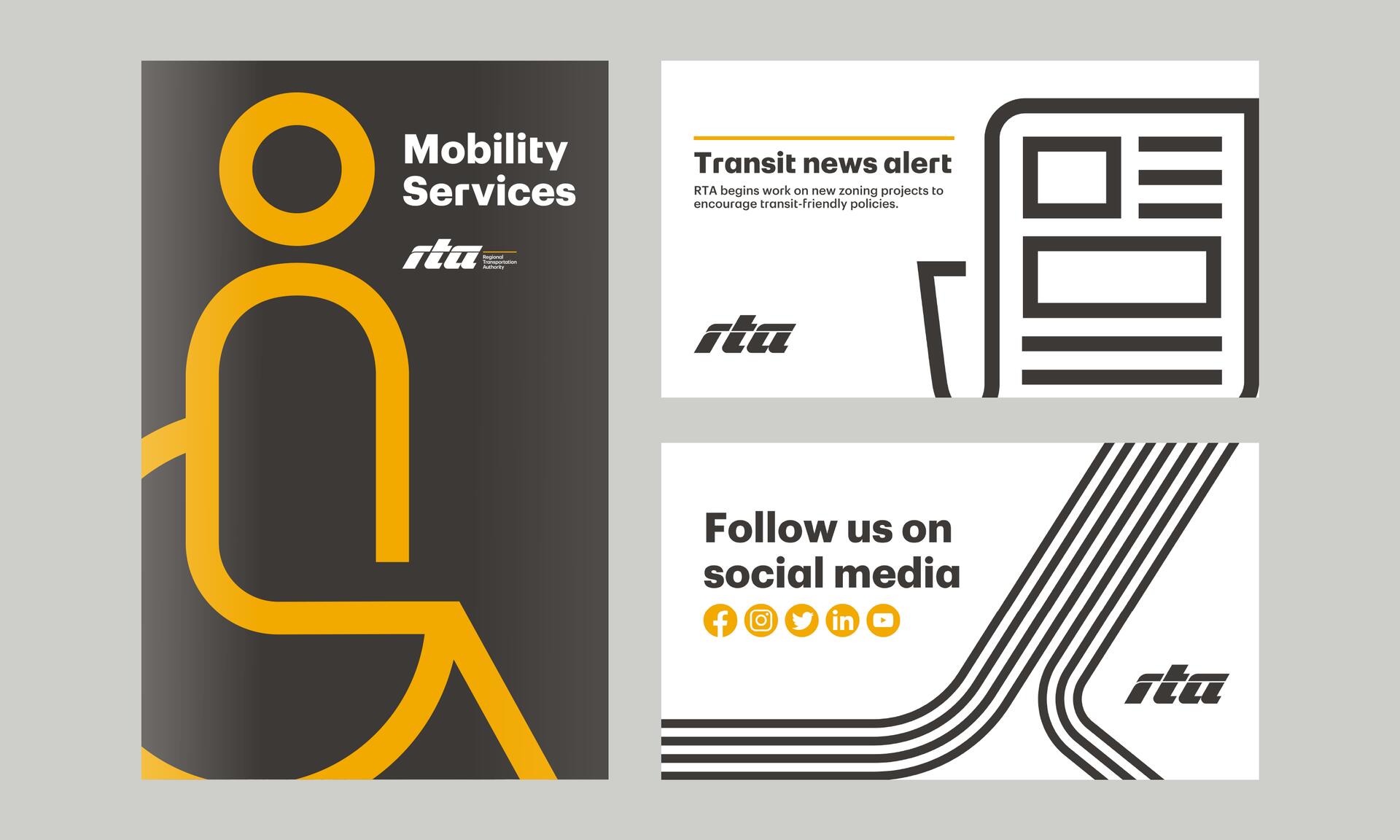 Three graphics featuring a stylized orange figure, a newspaper icon, and a call to follow on social media with platform icons. Includes "Mobility Services," "Transit news alert," and "Follow us on social media" text, all with the RTA logo.