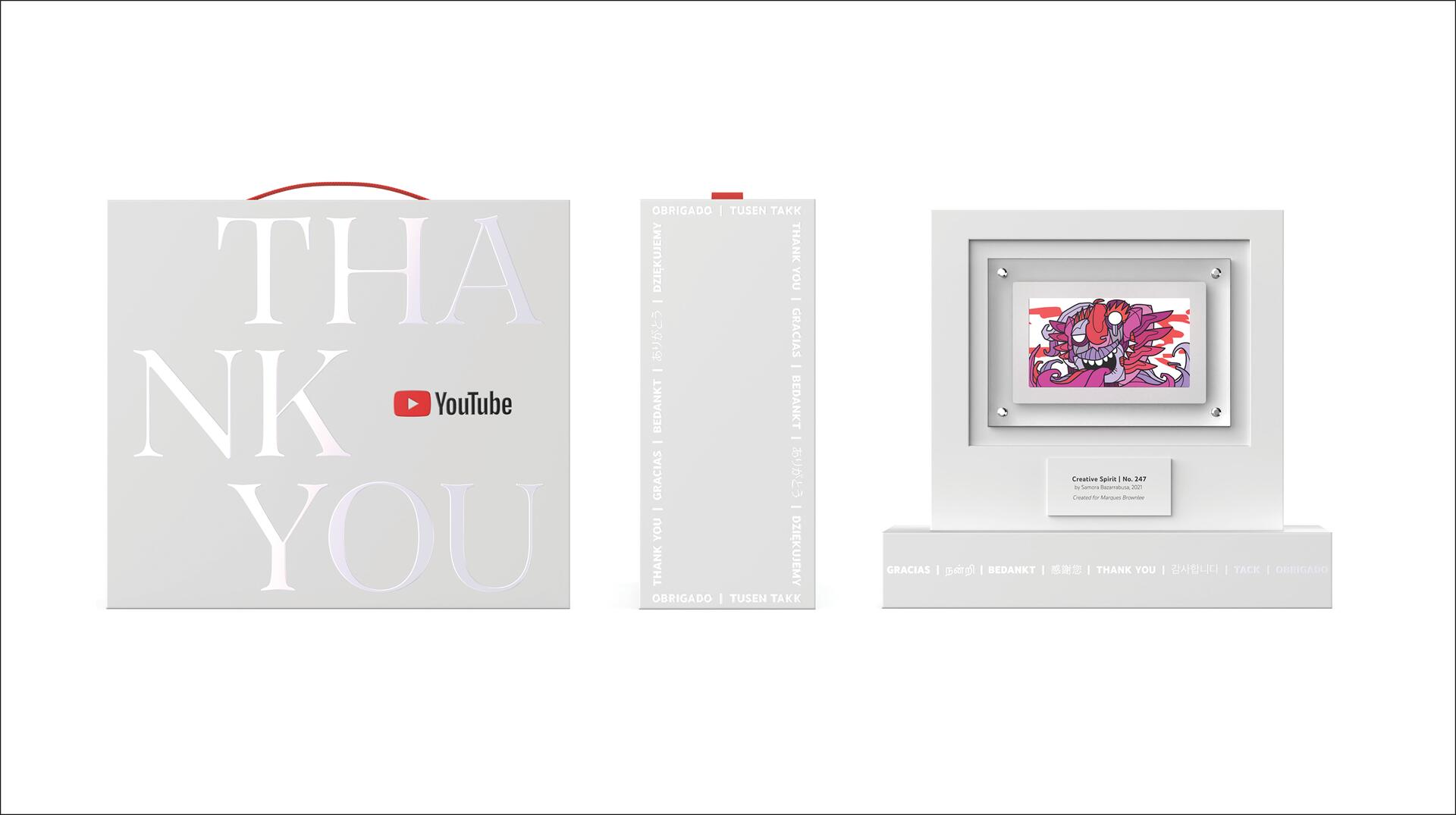 YouTube thank you package featuring a large "THANK YOU" text, a multilingual thank you message on the side, and a framed colorful artwork labeled "Creative Spirit | No. 247" by Saeko Enatsu.
