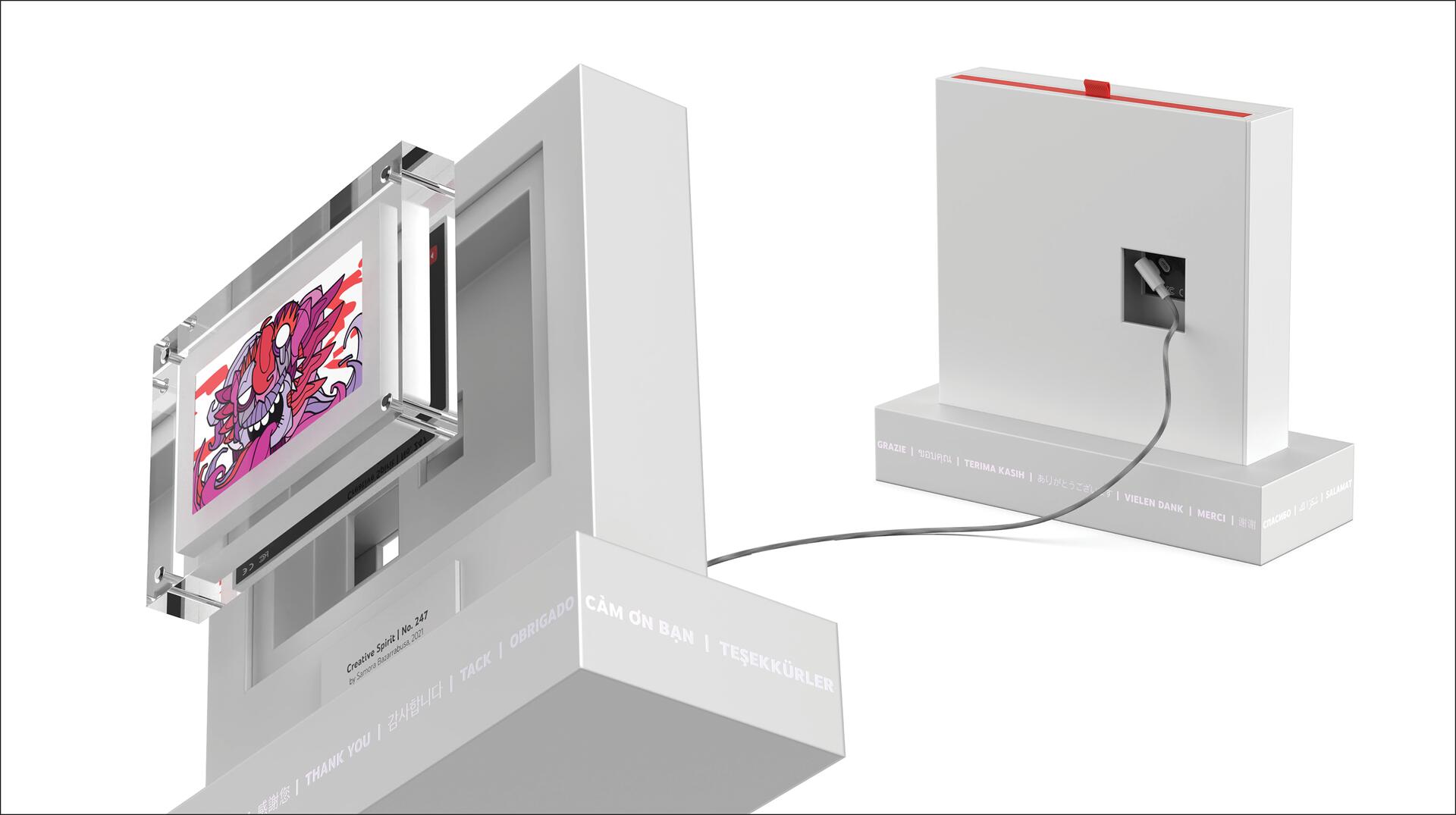 Two white display stands connected by a cable. The front stand features a colorful abstract artwork. The back stand has an exposed socket. Various languages printed on both bases.