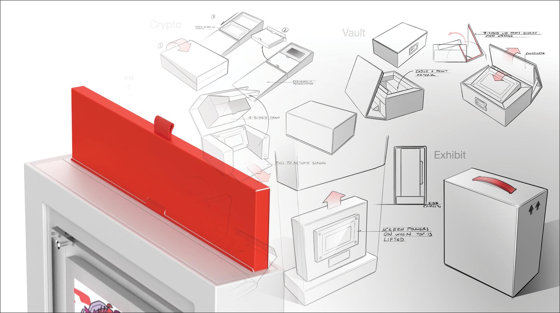 A red box design sketch with a lid, showing different configurations and components, including compartment arrangements and screen activation.