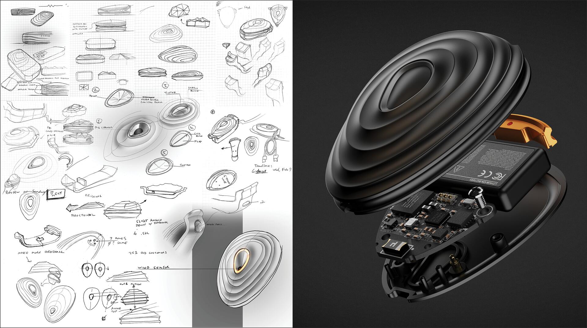 Conceptual sketches of a layered, futuristic device on the left. On the right, a detailed 3D rendering of the device with a black, ripple-like top partially revealing its internal components, including a battery and circuitry, against a dark background.