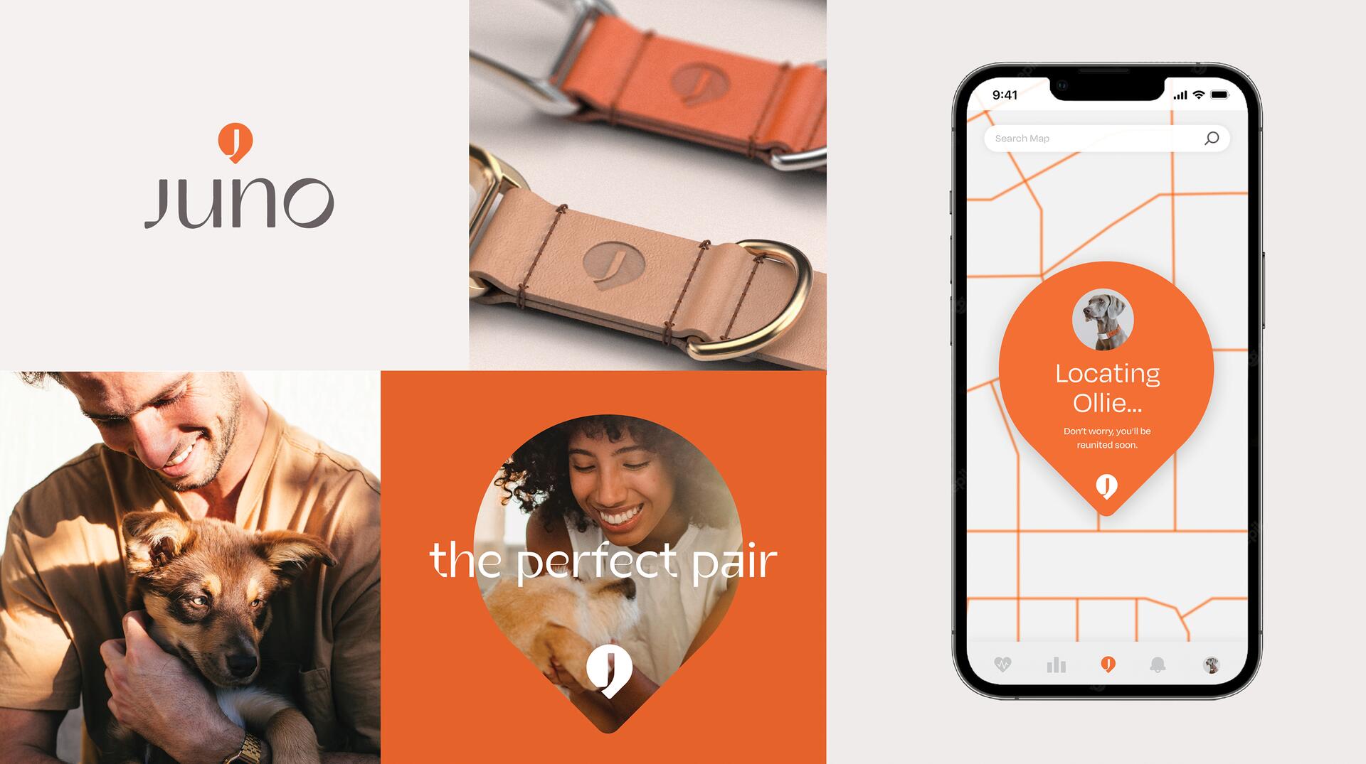 Collage of Juno brand items: leather pet collar, happy people with dogs, and a smartphone displaying a pet tracking app.
