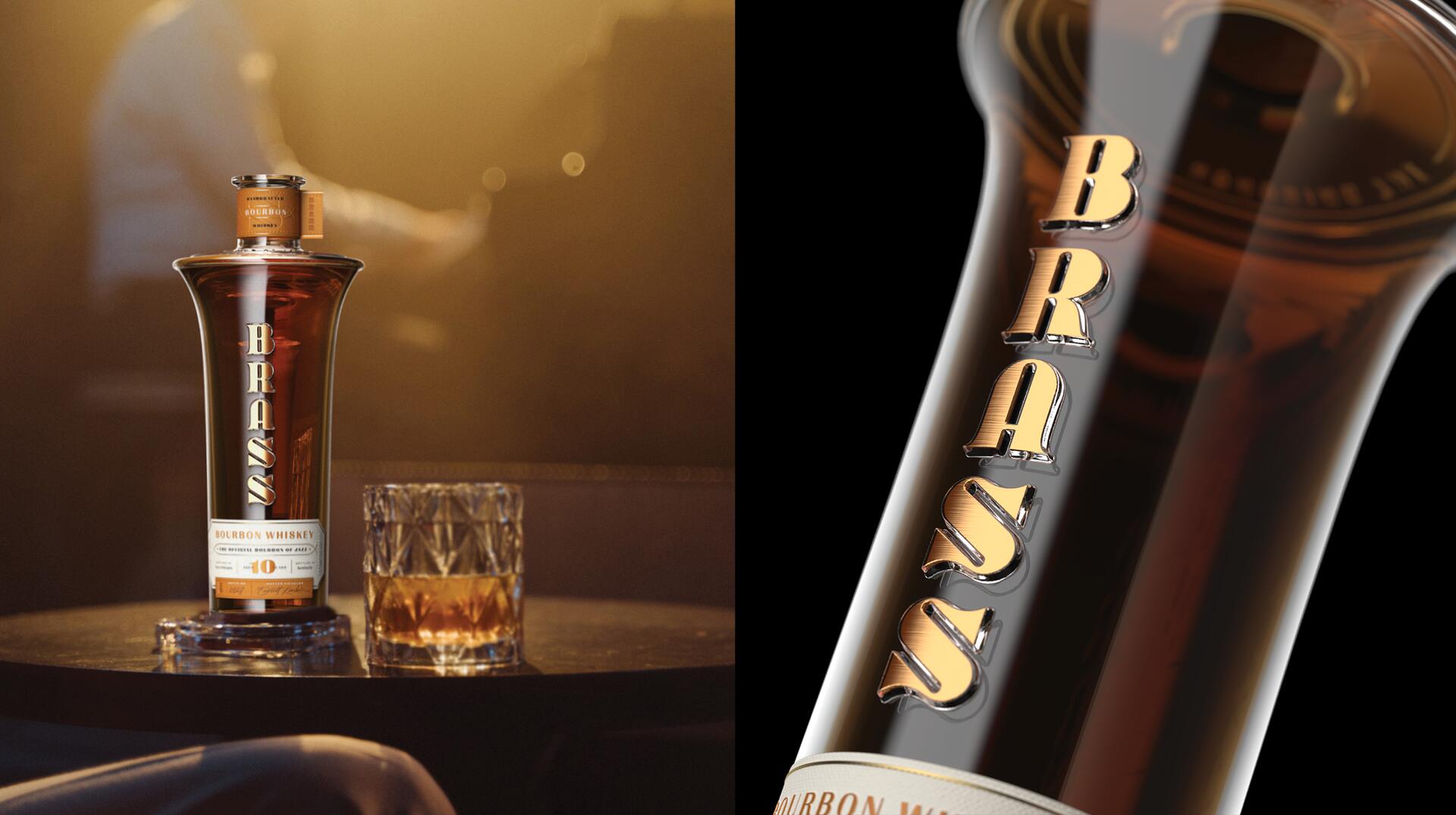 Bourbon whiskey bottle labeled "Brass" on a table next to a filled glass, with a blurred person in the background under warm lighting.
