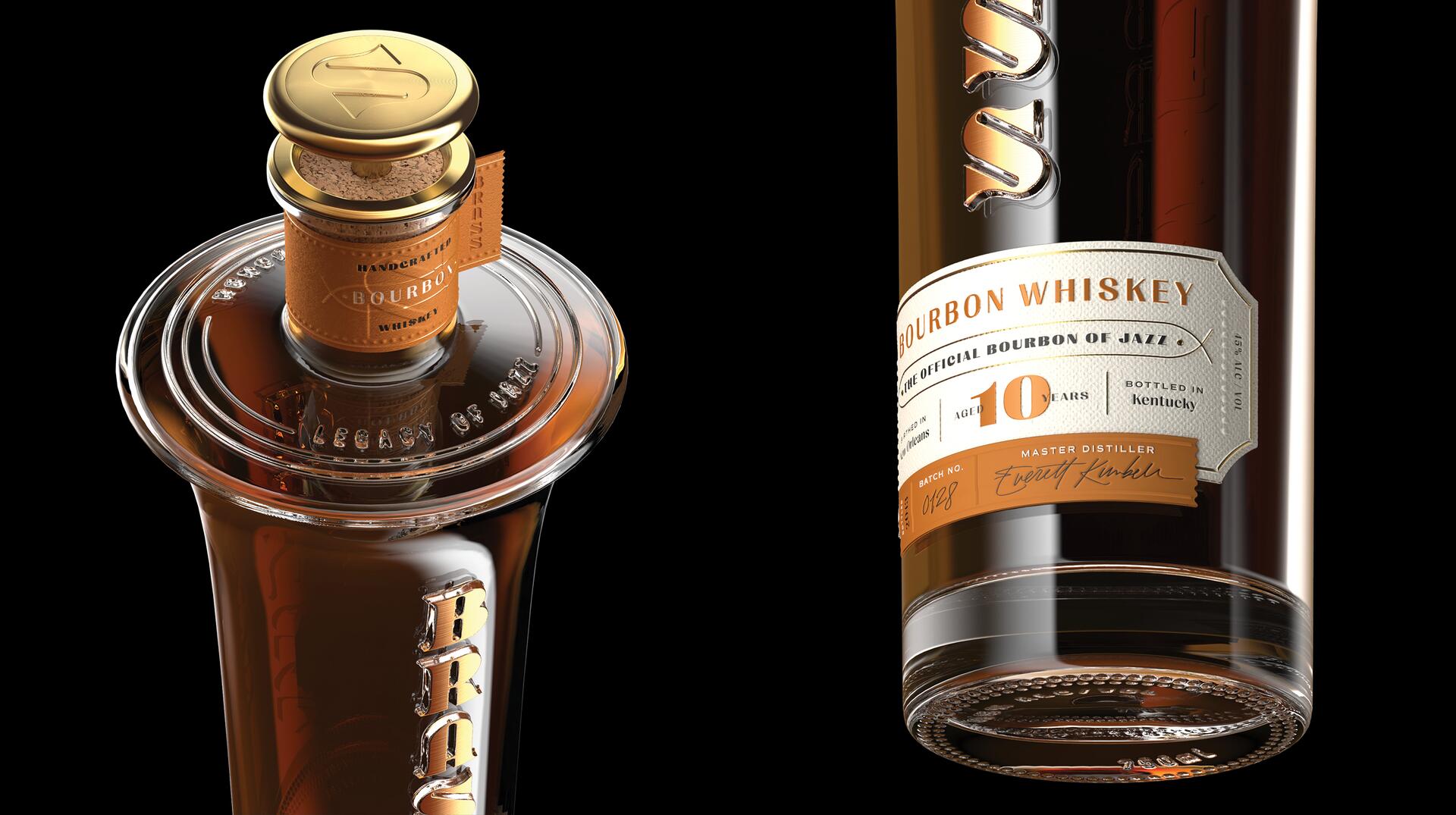 Golden bottle cap and cork of a bourbon whiskey bottle. The label highlights it as aged 10 years, bottled in Kentucky. The bottle features embossed branding with a glossy finish against a black background.