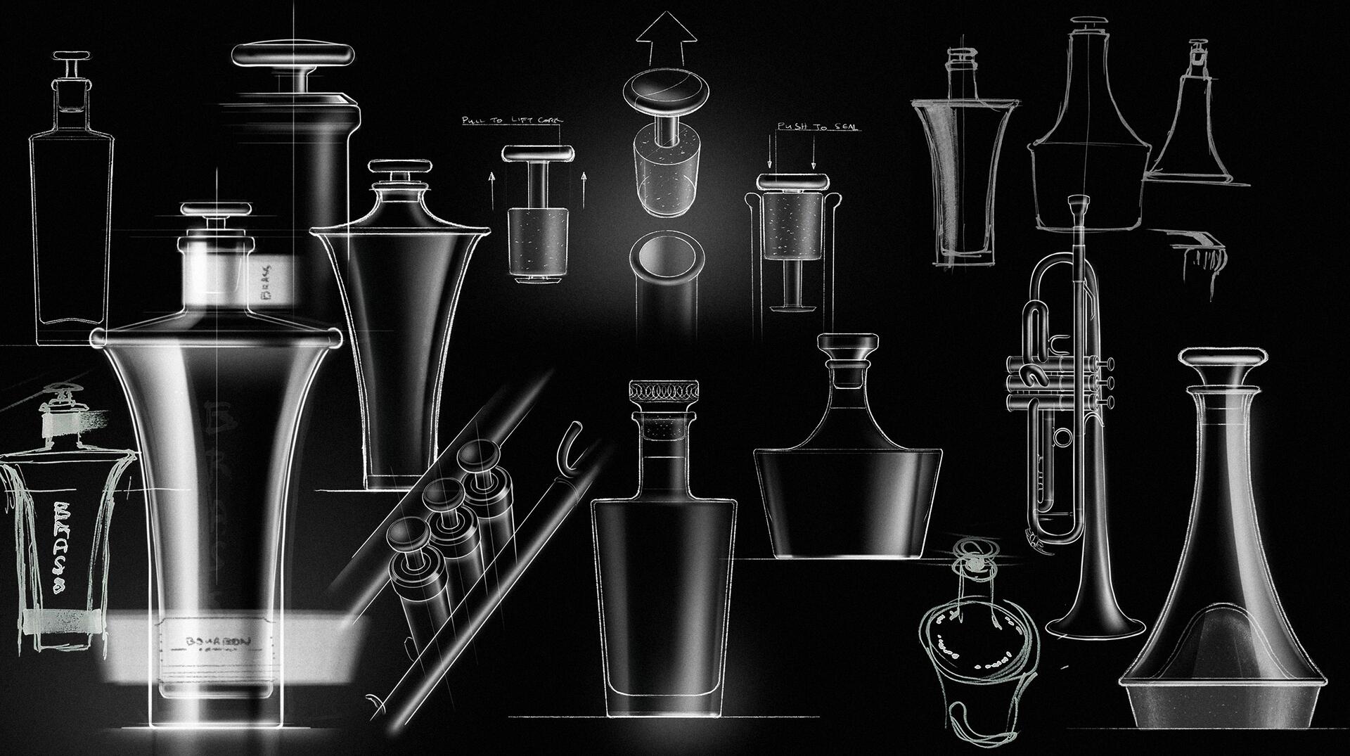 Sketch of various bottle designs and a trumpet against a black background, featuring sleek, modern shapes with some bottles labeled and arrows indicating movements or functions.