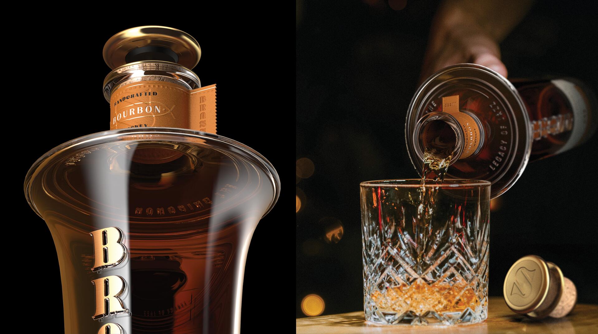 Close-up of a bourbon bottle with gold detailing on the left, and on the right, bourbon is being poured from the bottle into a crystal glass on a wooden surface, with a cork beside it.