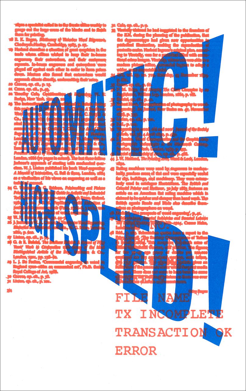 AUTOMATIC HIGH SPEED! in large blue text over a red text background, with additional smaller red text reading FILE NAME TX INCOMPLETE TRANSACTION OK ERROR.