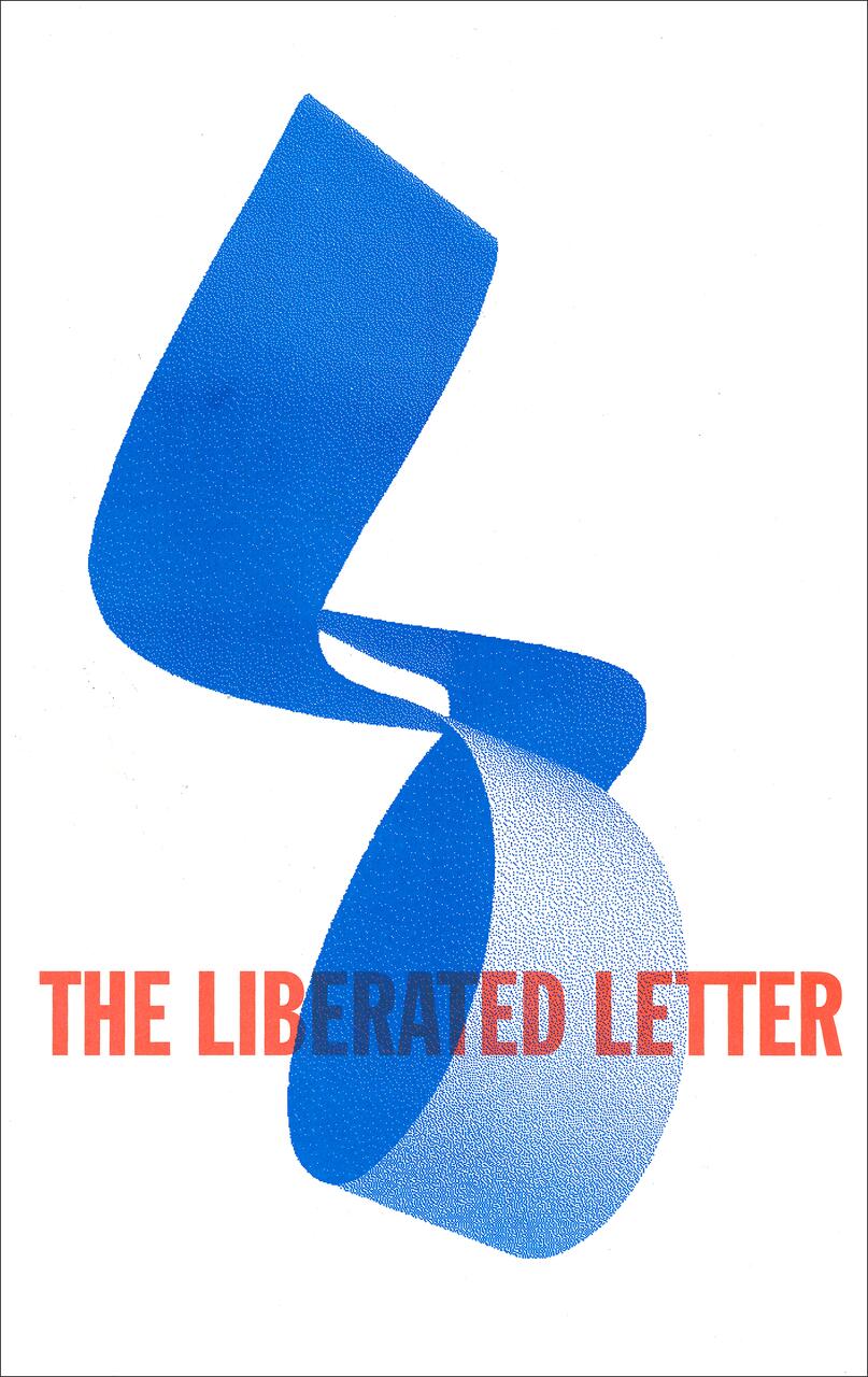 A blue, ribbon-like abstract shape on a white background, with bold red text reading "THE LIBERATED LETTER" overlaid in the lower portion.