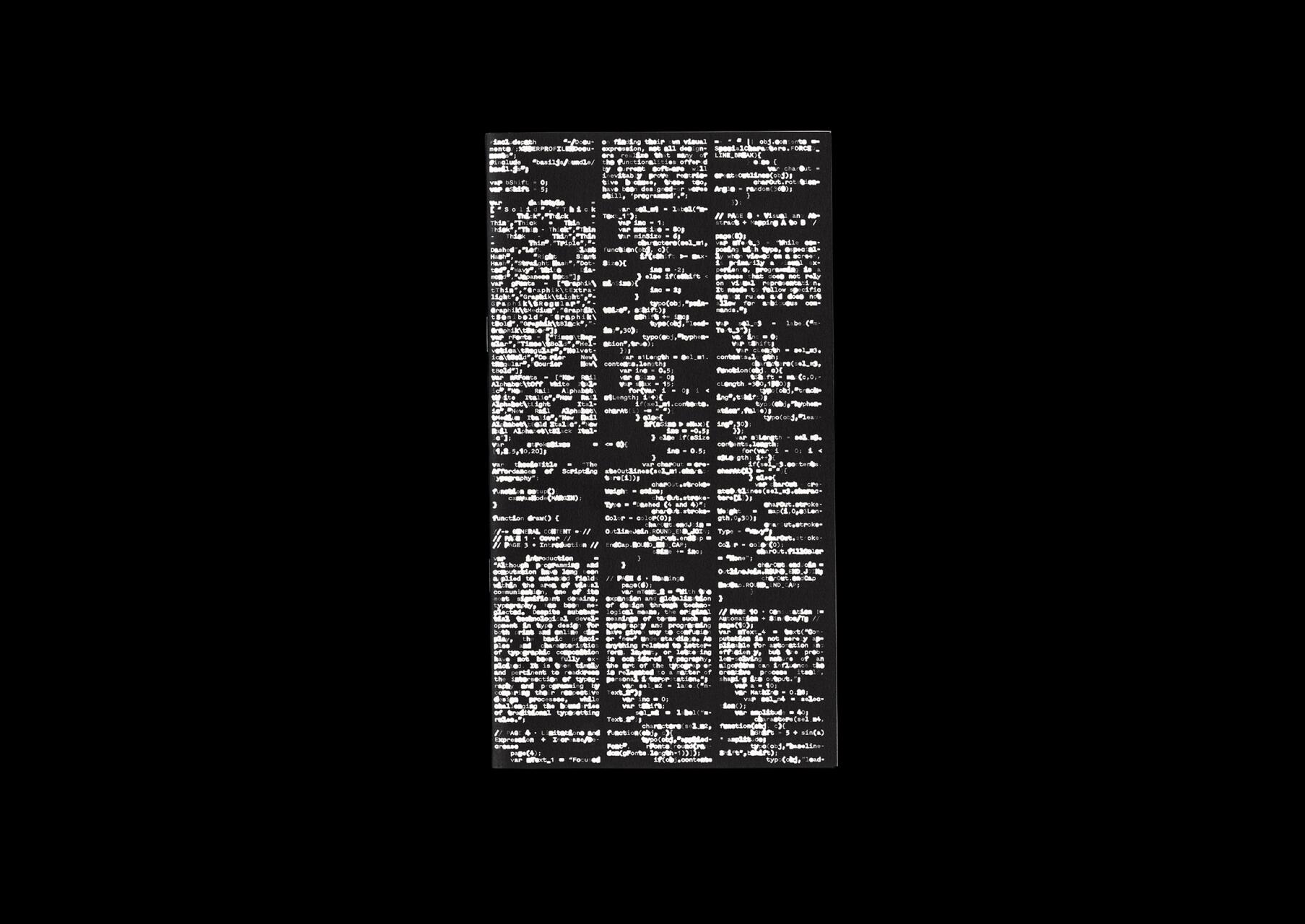 White text of computer code on a black background, arranged in densely packed vertical columns.