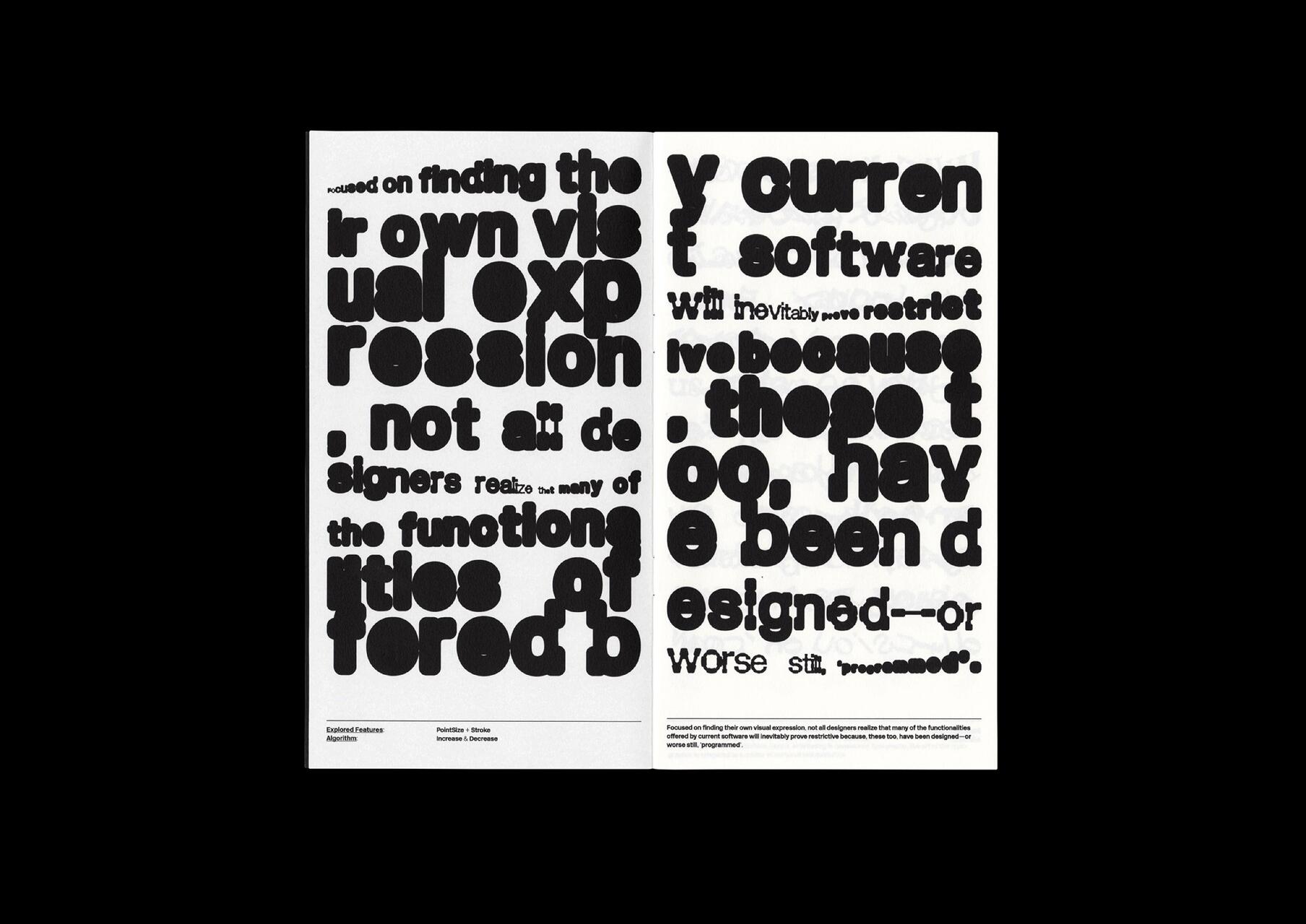 Two pages with bold, distorted black text on a white background, difficult to read due to exaggerated letterforms.