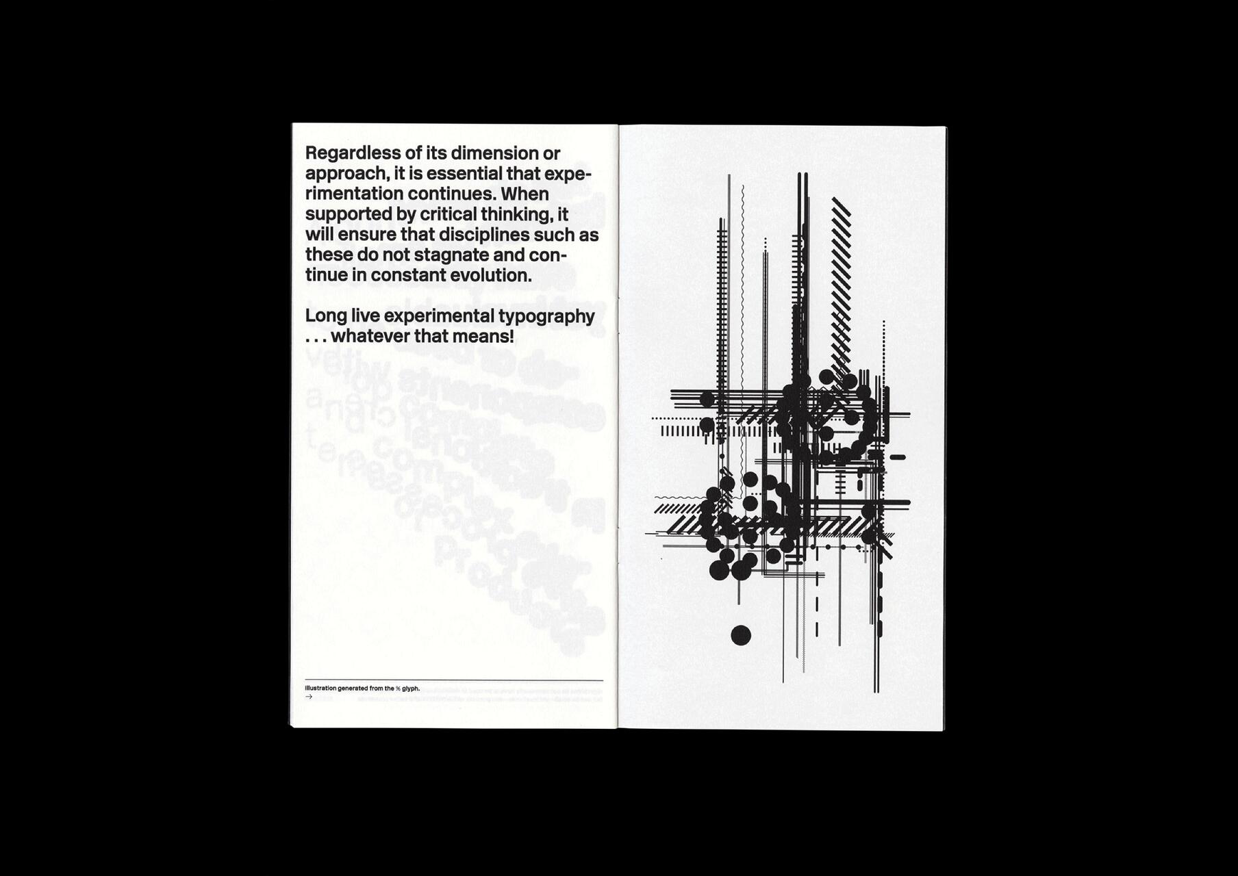 Abstract black and white graphic with intersecting lines and circles on the right, and bold text on the left discussing experimental typography.