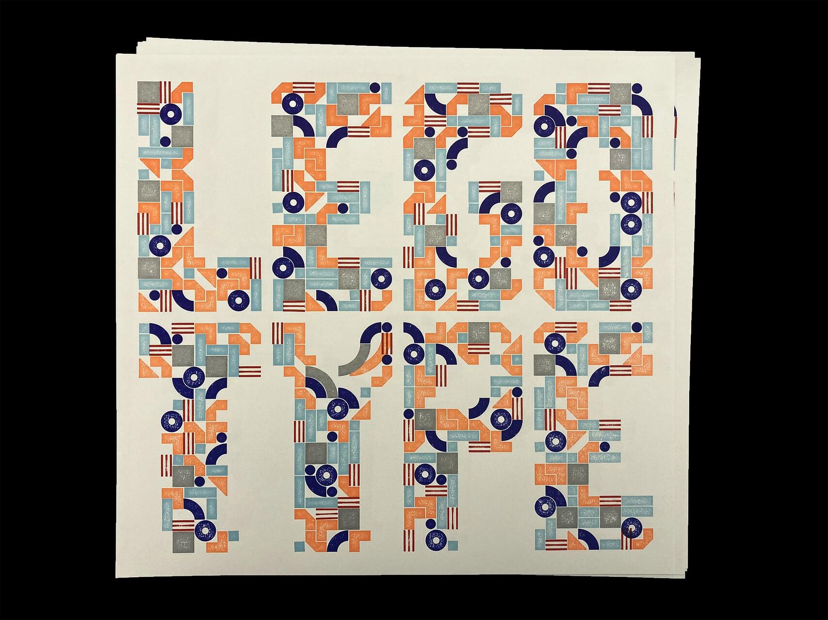 Abstract geometric design forming the word "LET'S TYPE" in orange, blue, gray, and red, on a white background. The shapes include circles, lines, and rectangles, creating a modular and vibrant pattern.