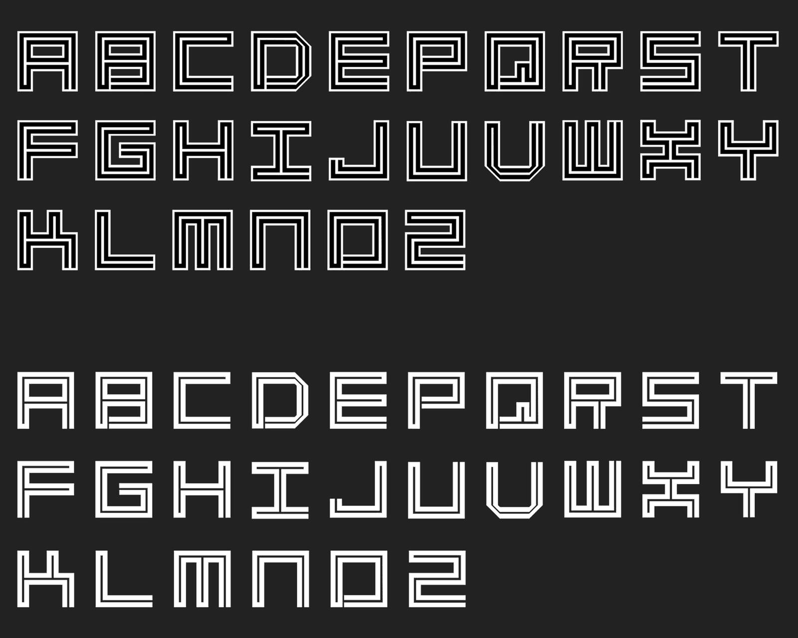 Stylized geometric alphabet with double-lined letters and numbers, displayed in two sections against a dark background.