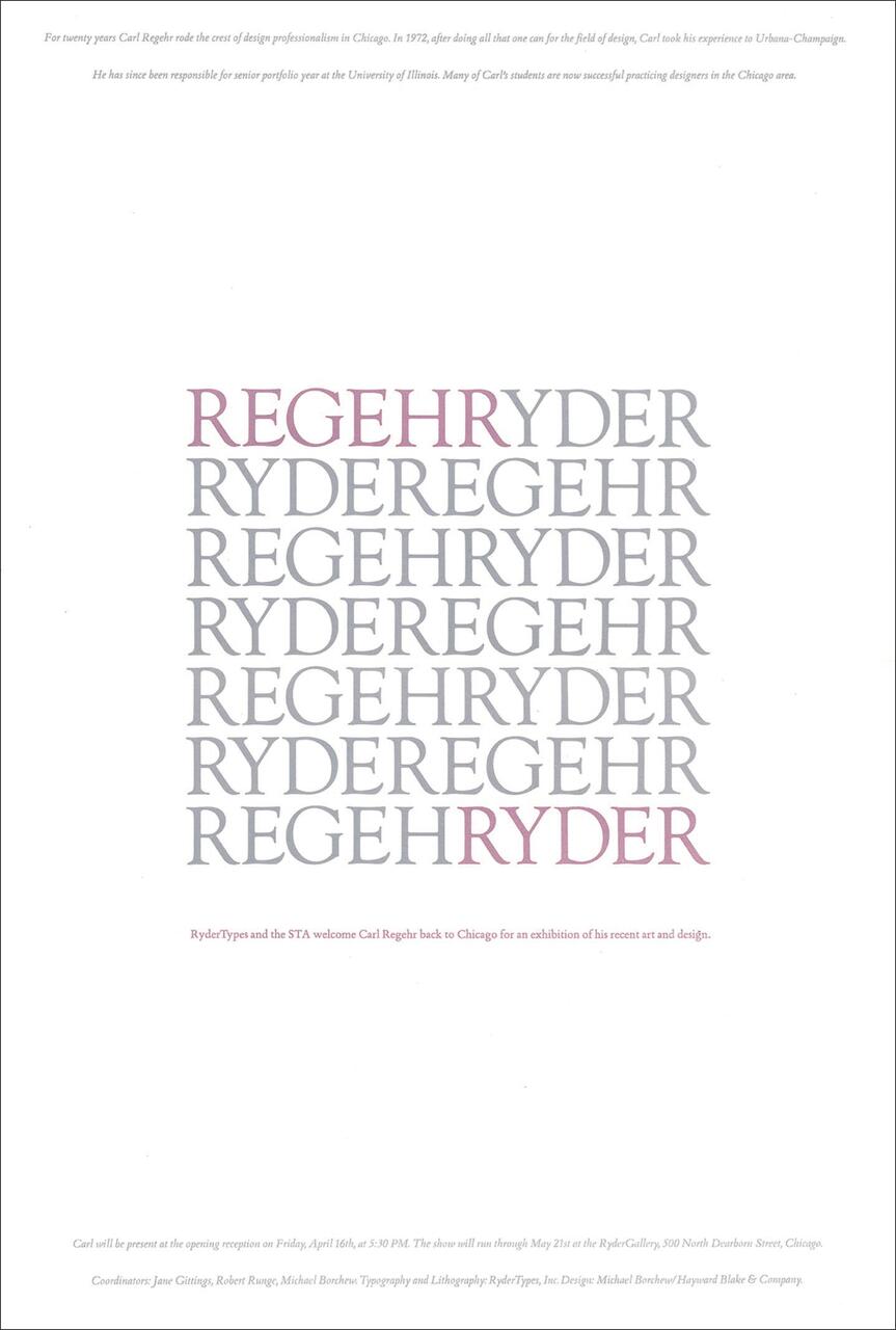Text-based design featuring repeated names "Regehr" and "Ryder" in capital letters, displayed in a pattern. A note at the bottom mentions an exhibition for Carl Regehr. The color scheme is primarily gray and maroon.