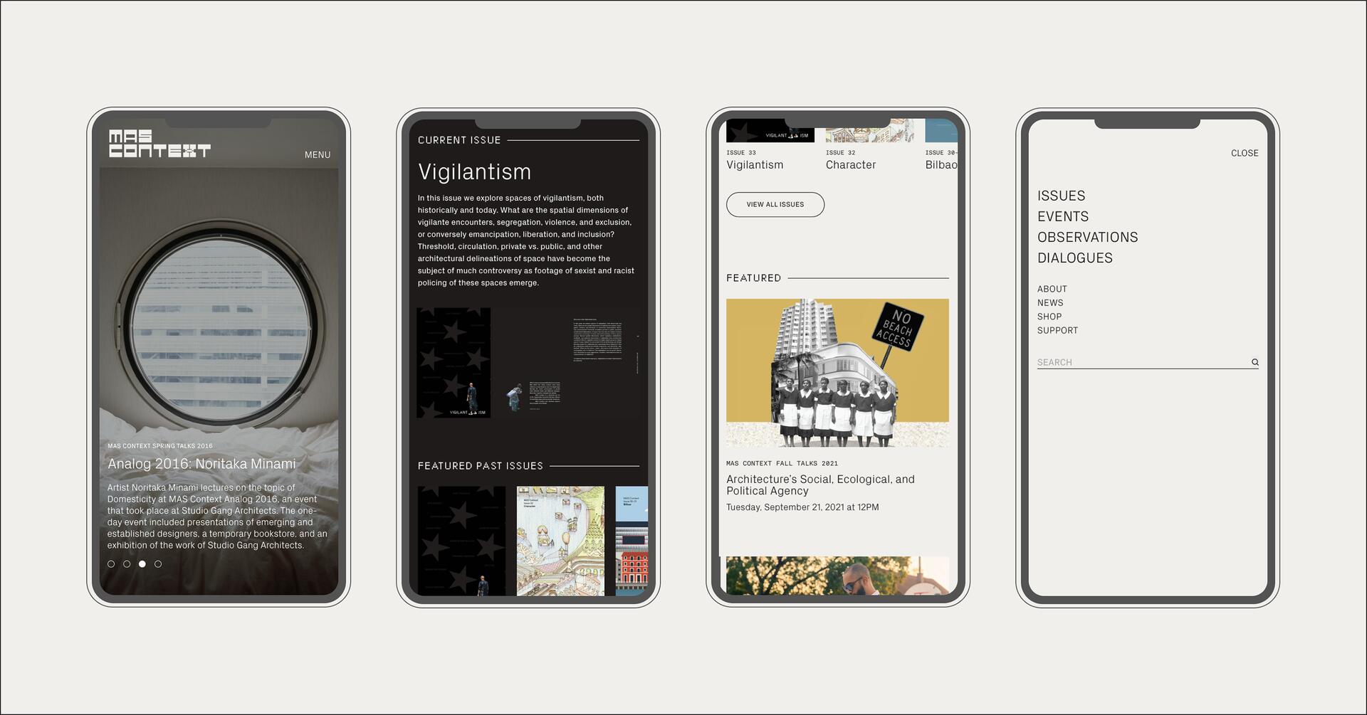 Four smartphone screens displaying different sections of a magazine's mobile website, including menu options, a current issue titled "Vigilantism," featured past issues, and a search interface.