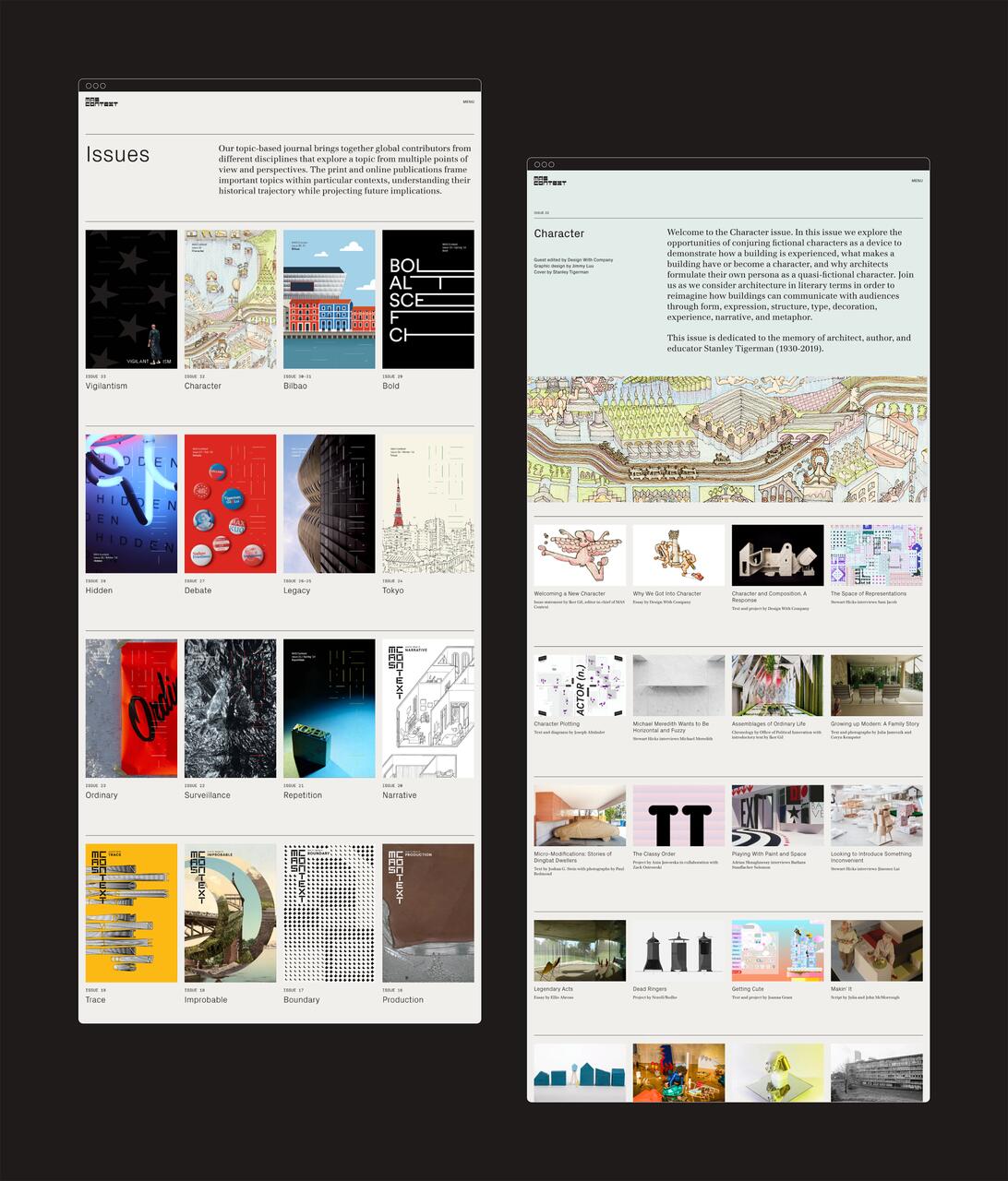 Webpage layout displaying a collection of magazine issues with various cover designs and topics like "Vigilantism," "Character," and "Tokyo," alongside articles related to architecture and design, including illustrations and diagrams.