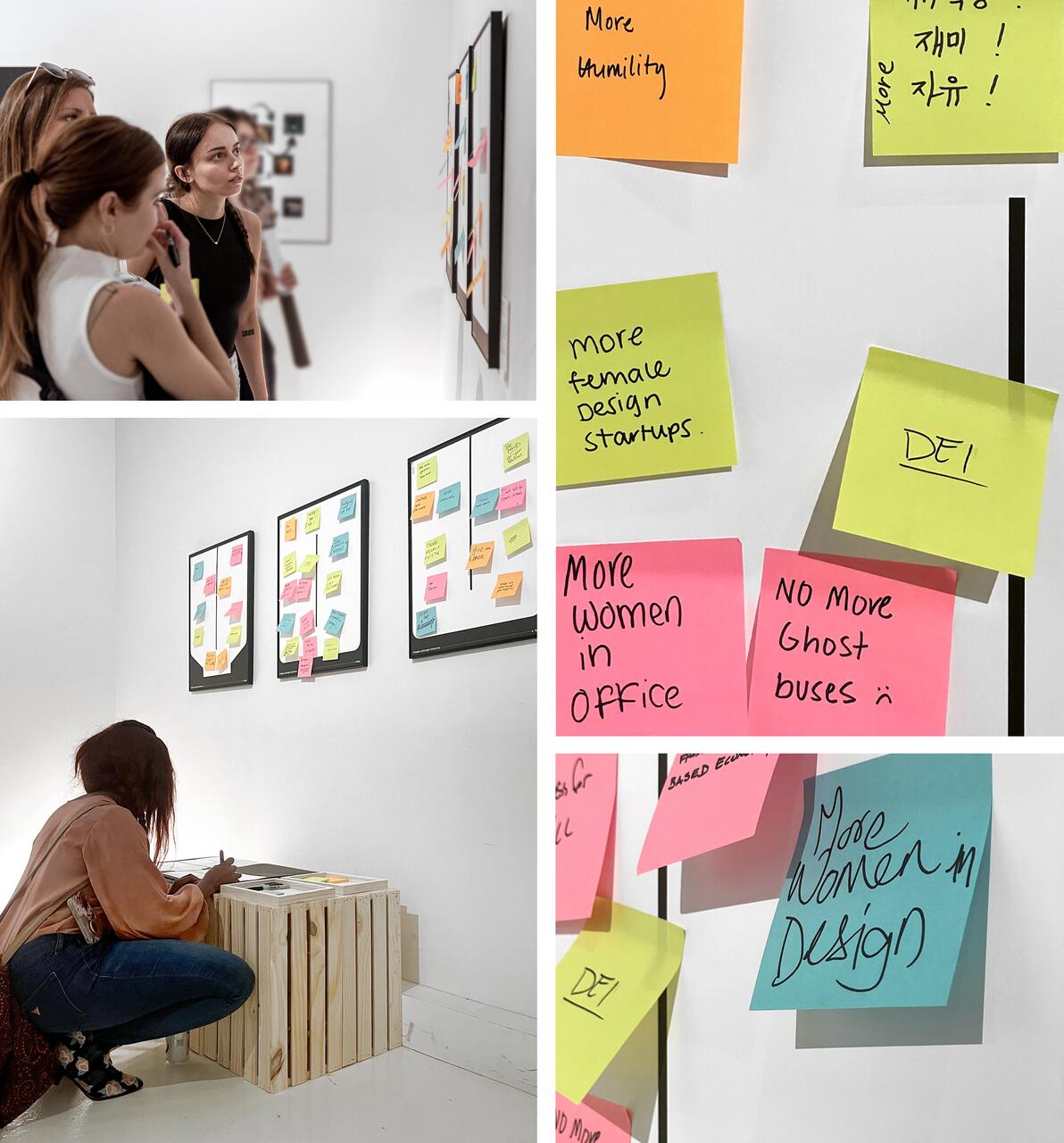 People observing colorful sticky notes with handwritten messages on a gallery wall. A person kneels beside a wooden crate. Notes include phrases advocating for inclusivity and gender equality in design.