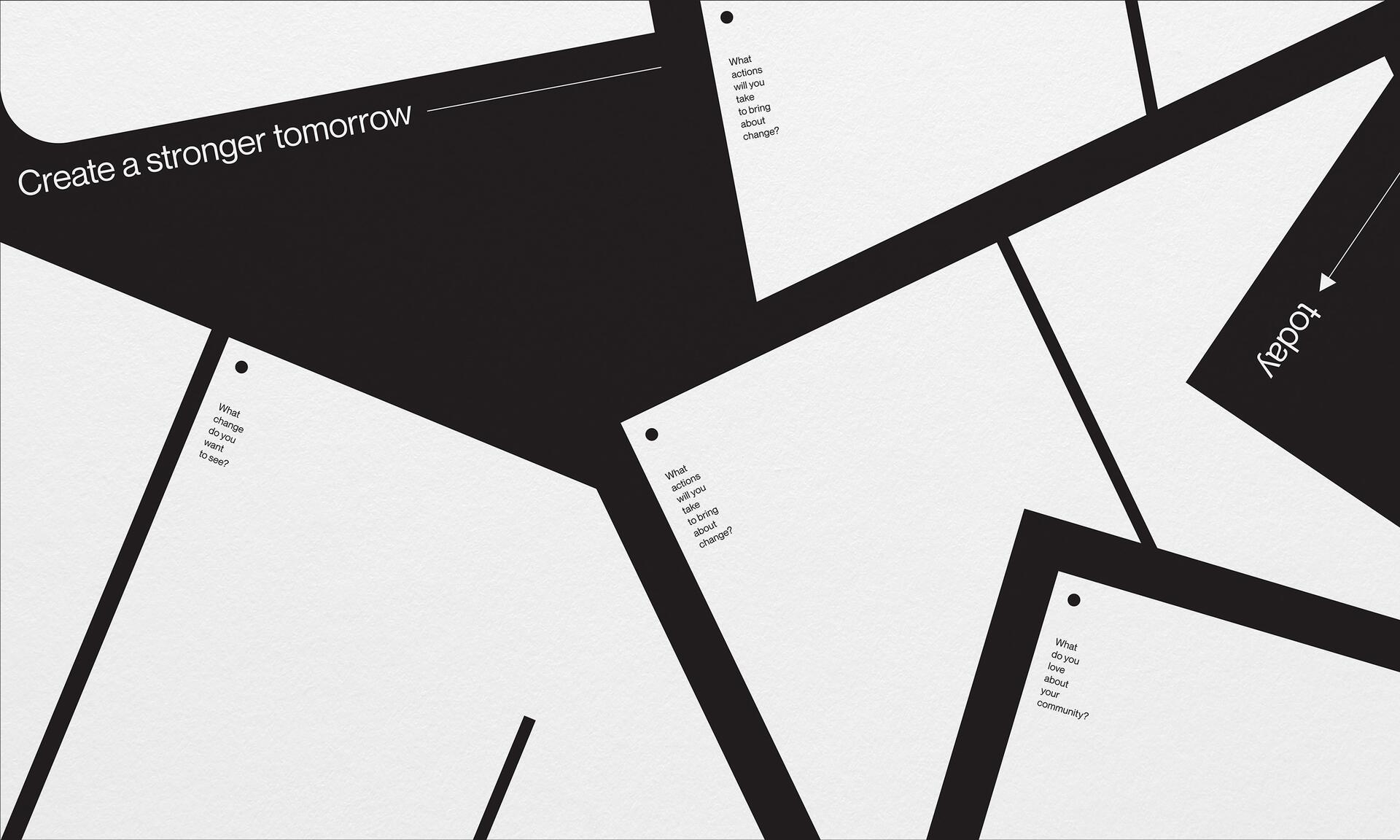 Abstract black and white graphic with overlapping rectangles and diagonal lines.