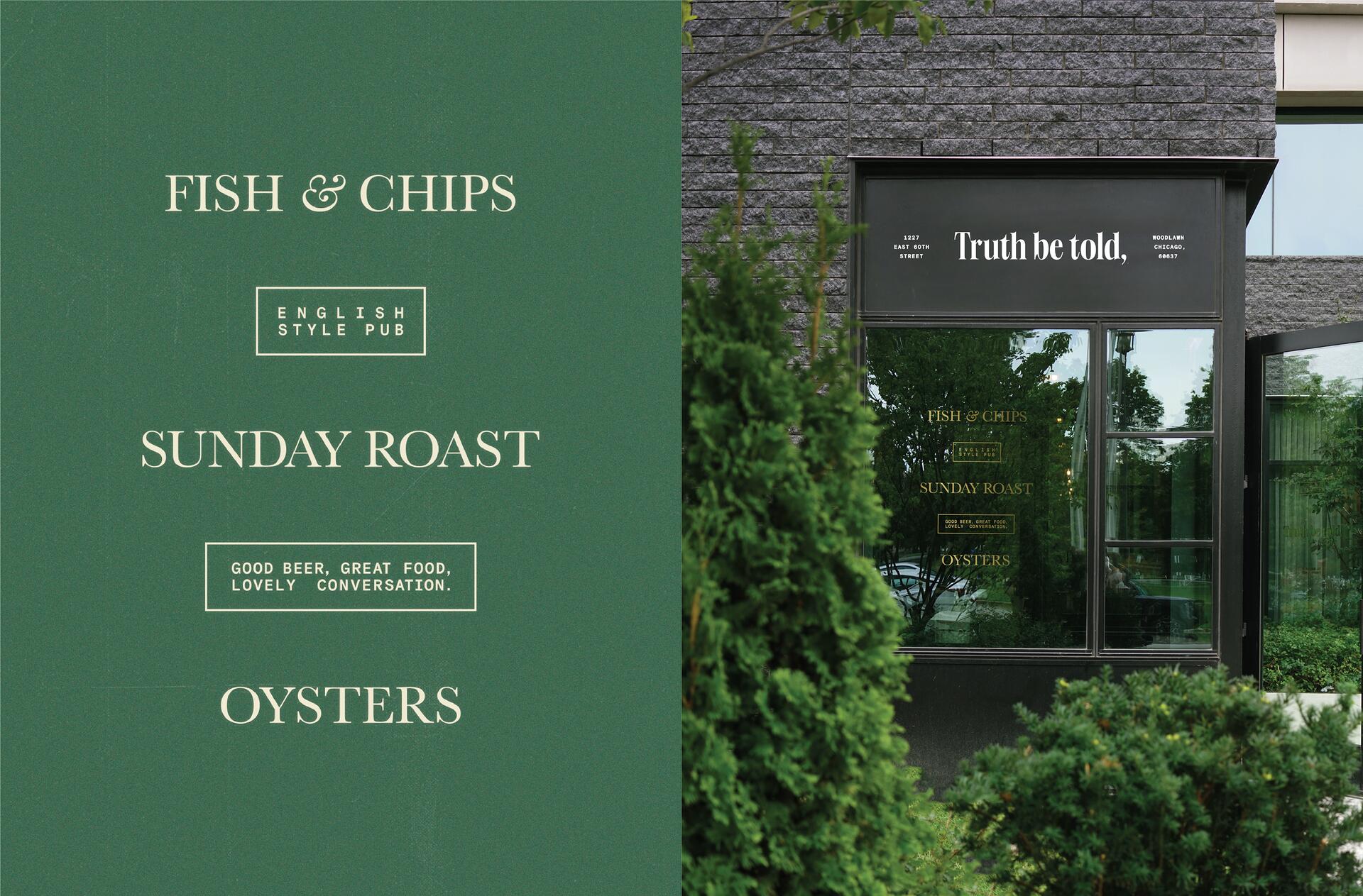 A green promotional graphic for an English-style pub displaying menu items like fish & chips, Sunday roast, and oysters. The adjacent photo shows the pub's entrance with greenery and its name above the entrance.