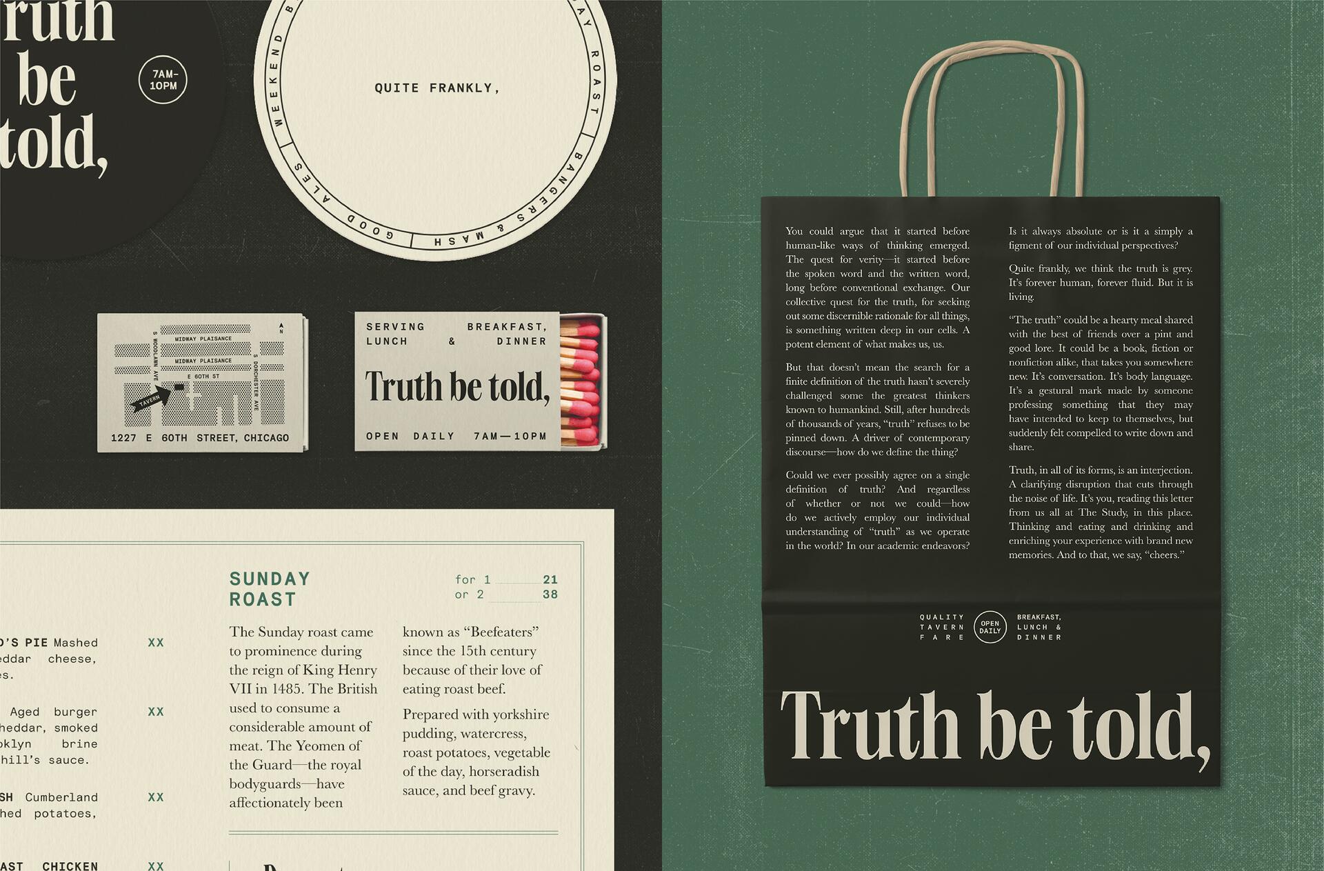 Restaurant menu design with "Truth be told" theme. Includes business card, matchbox, and a grocery-style paper bag with text about truth. Features white and dark green colors, with decorative and textual elements for a conceptual feel.