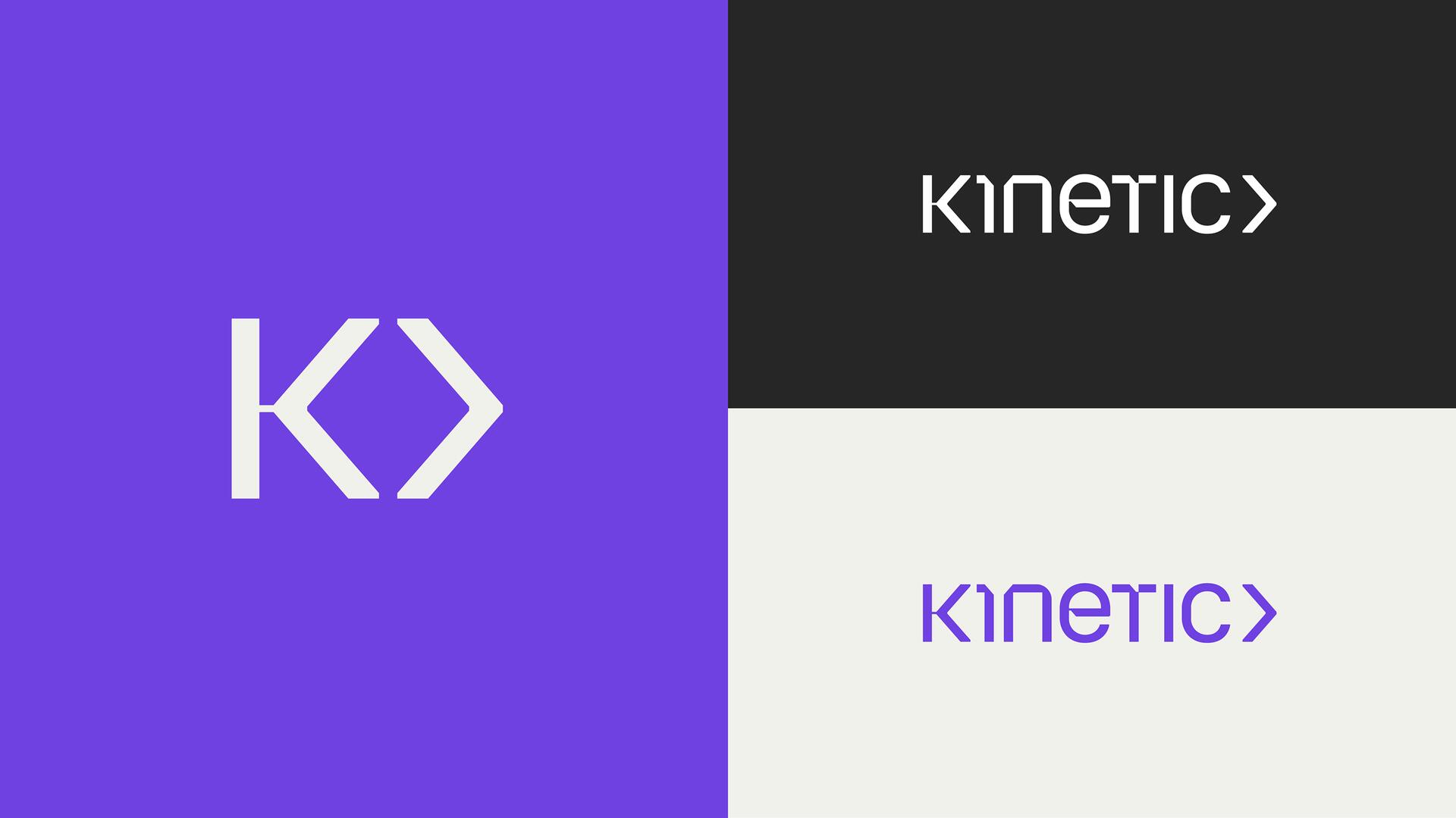 Split design with a purple left side featuring a stylized "K>" logo in white, and the right side split into black and white sections, each displaying the word "kinetic>" in contrasting colors matching the backgrounds.