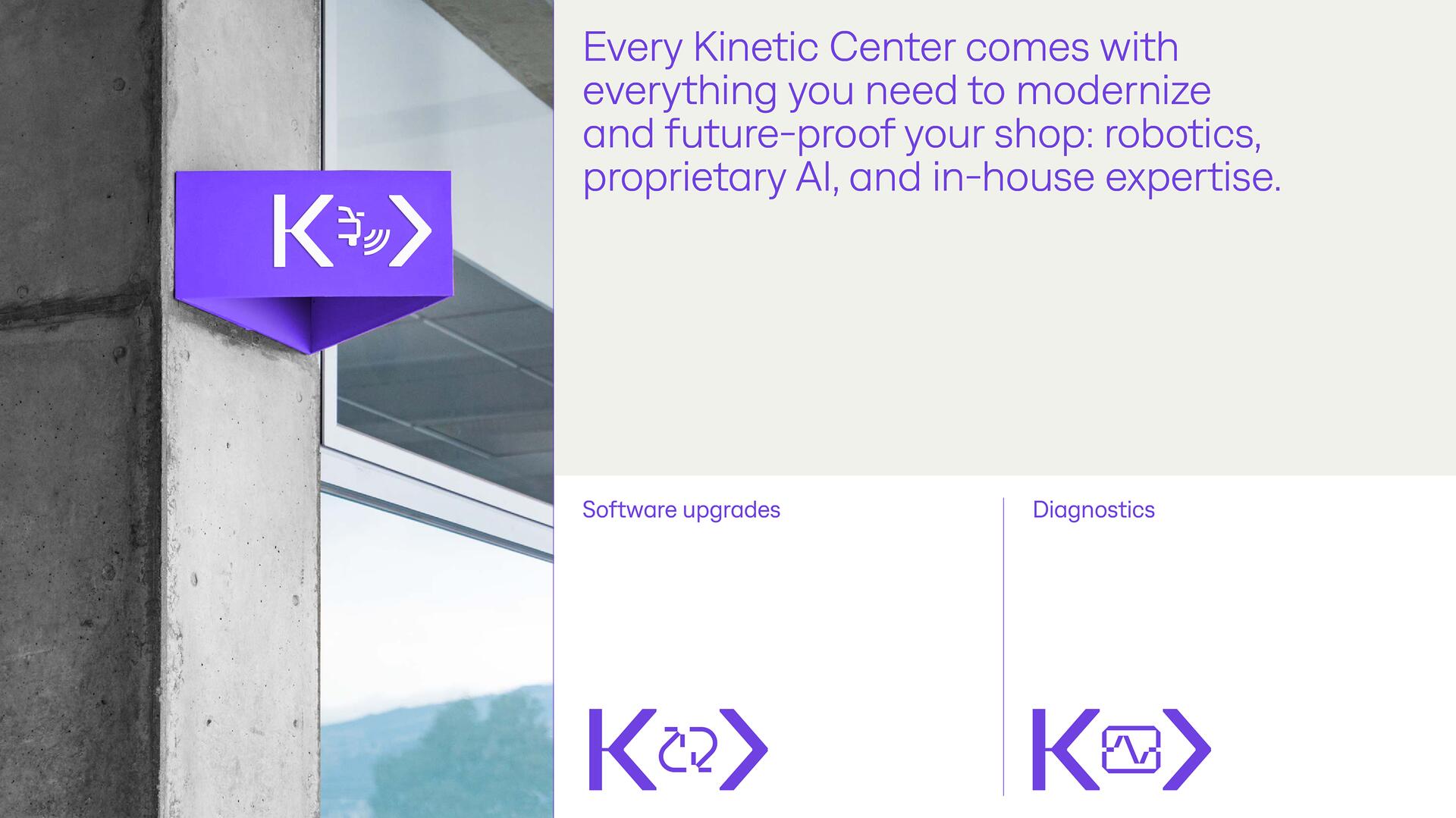 Purple Kinetic Center logo on a wall near a window, with text about modernizing shops using robotics and AI. Two sections below labeled "Software upgrades" and "Diagnostics," each with a related icon in purple.