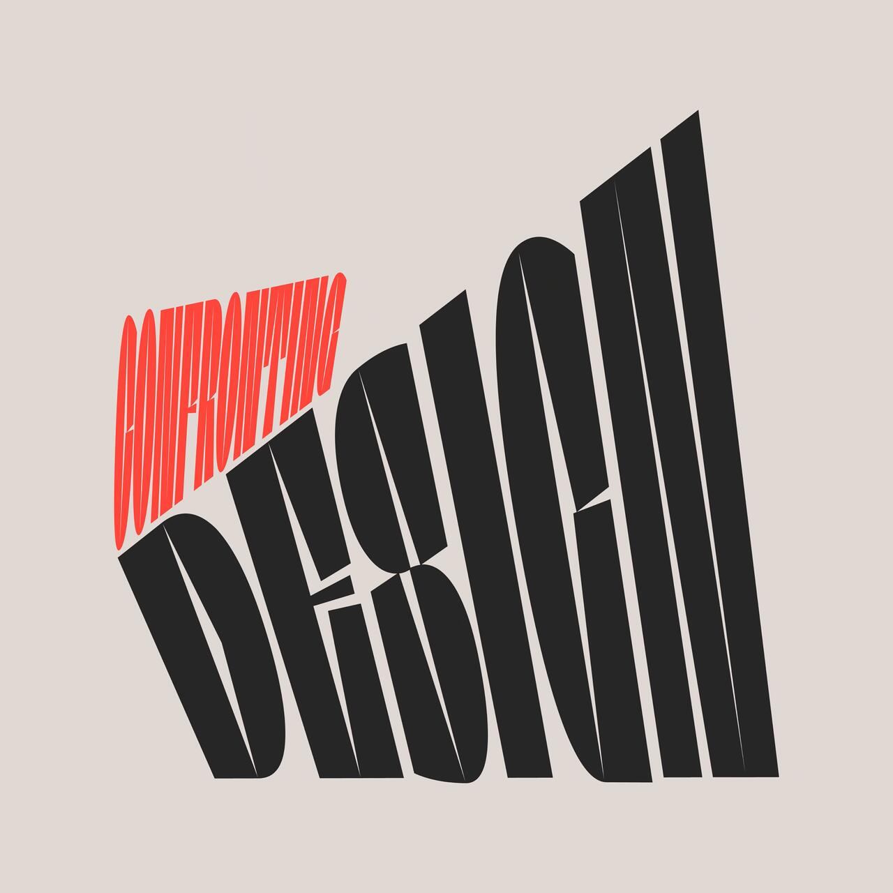 Stylized text reading "Confronting Design" with "Confronting" in slanted red letters and "Design" in large, bold black letters on a light background.