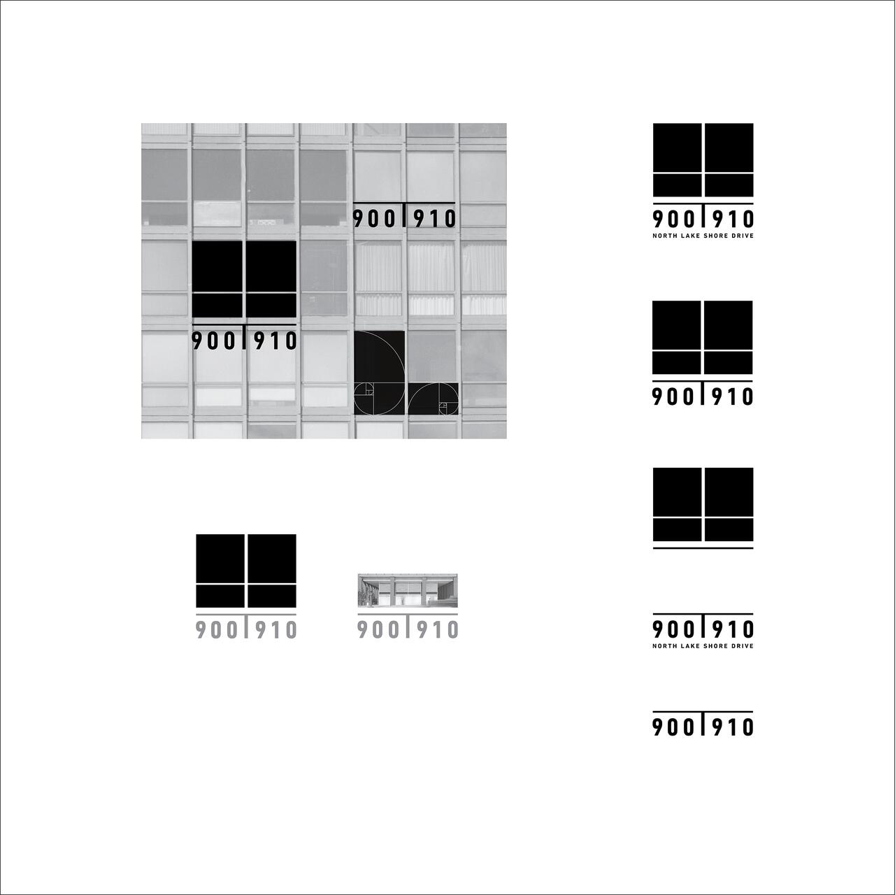 Building façade with grid windows featuring the numbers "900 910" in various layouts and graphic styles alongside logos with a grid and Fibonacci spiral design.