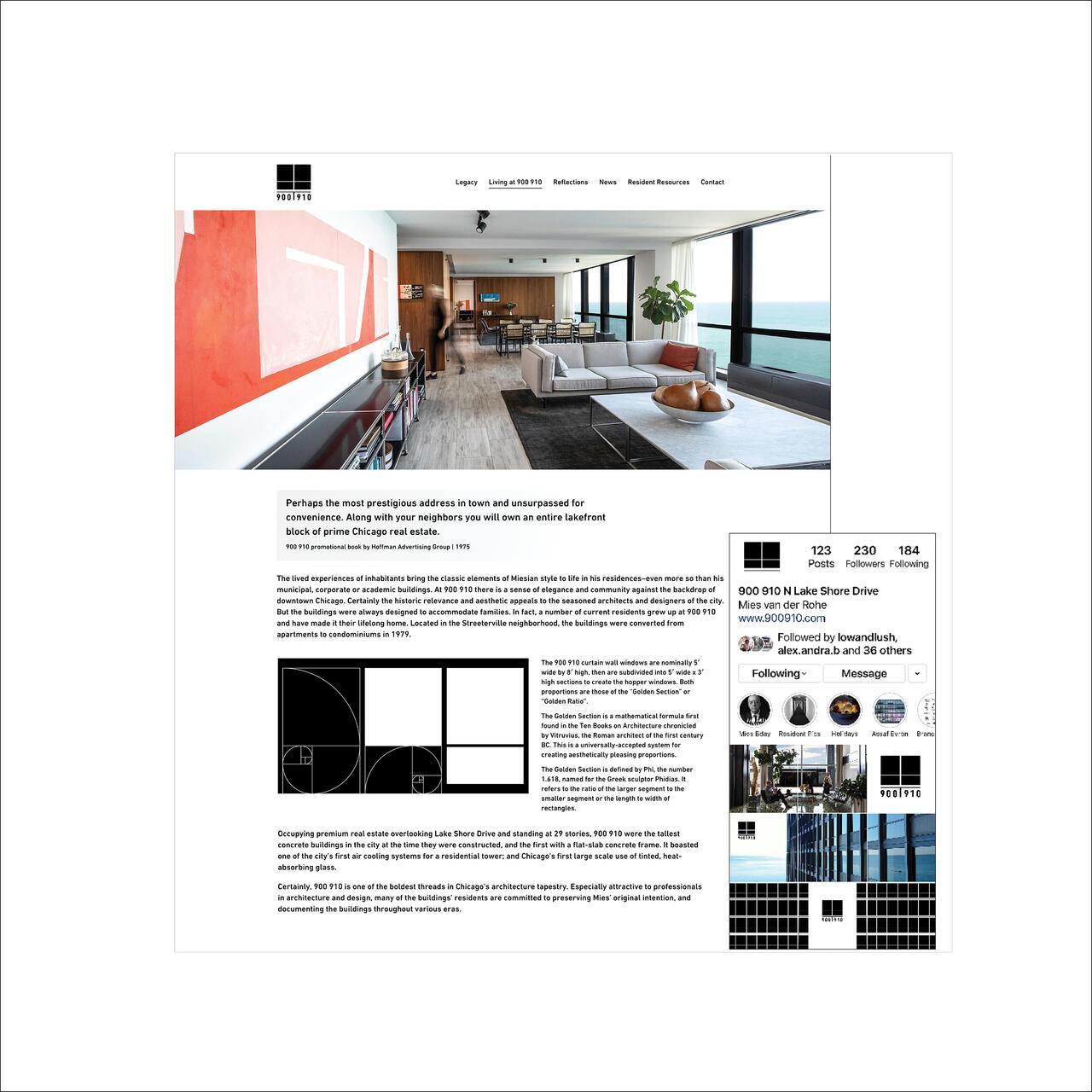 A modern interior with large windows offering a view of the lake, featuring a spacious living area with a gray sectional sofa, red cushions, and a wooden dining table. The room has bright white walls with orange abstract art, and dark wood flooring.